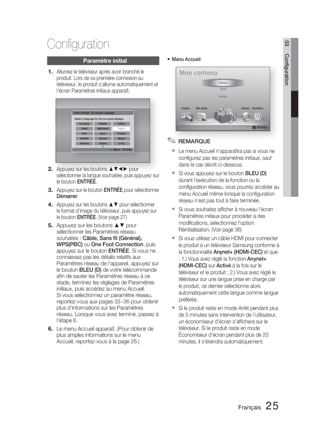 Samsung HT-D4500/ZF manual Conﬁguration, Paramètre initial 