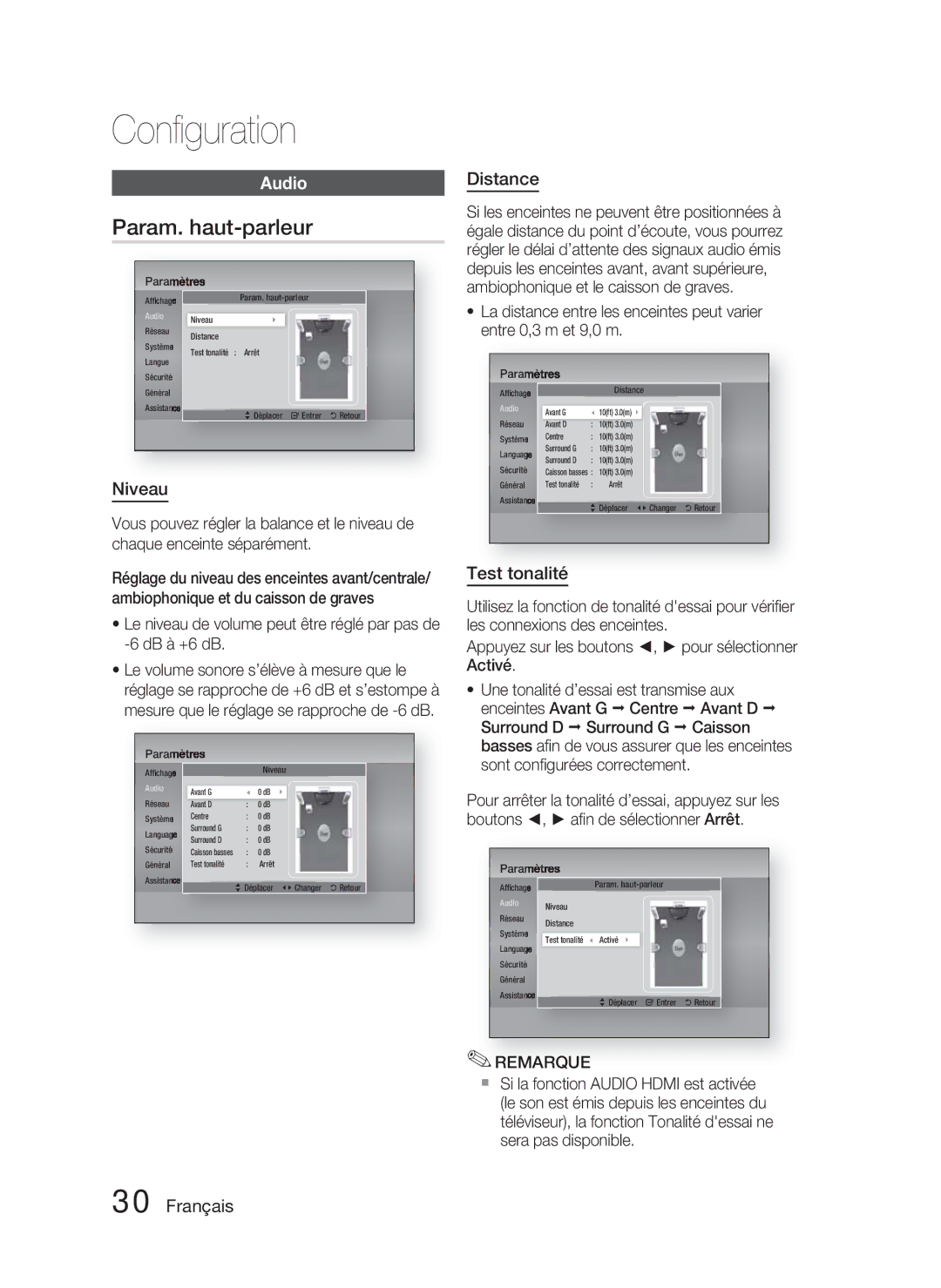 Samsung HT-D4500/ZF manual Param. haut-parleur, Audio, Niveau, Distance, Test tonalité 