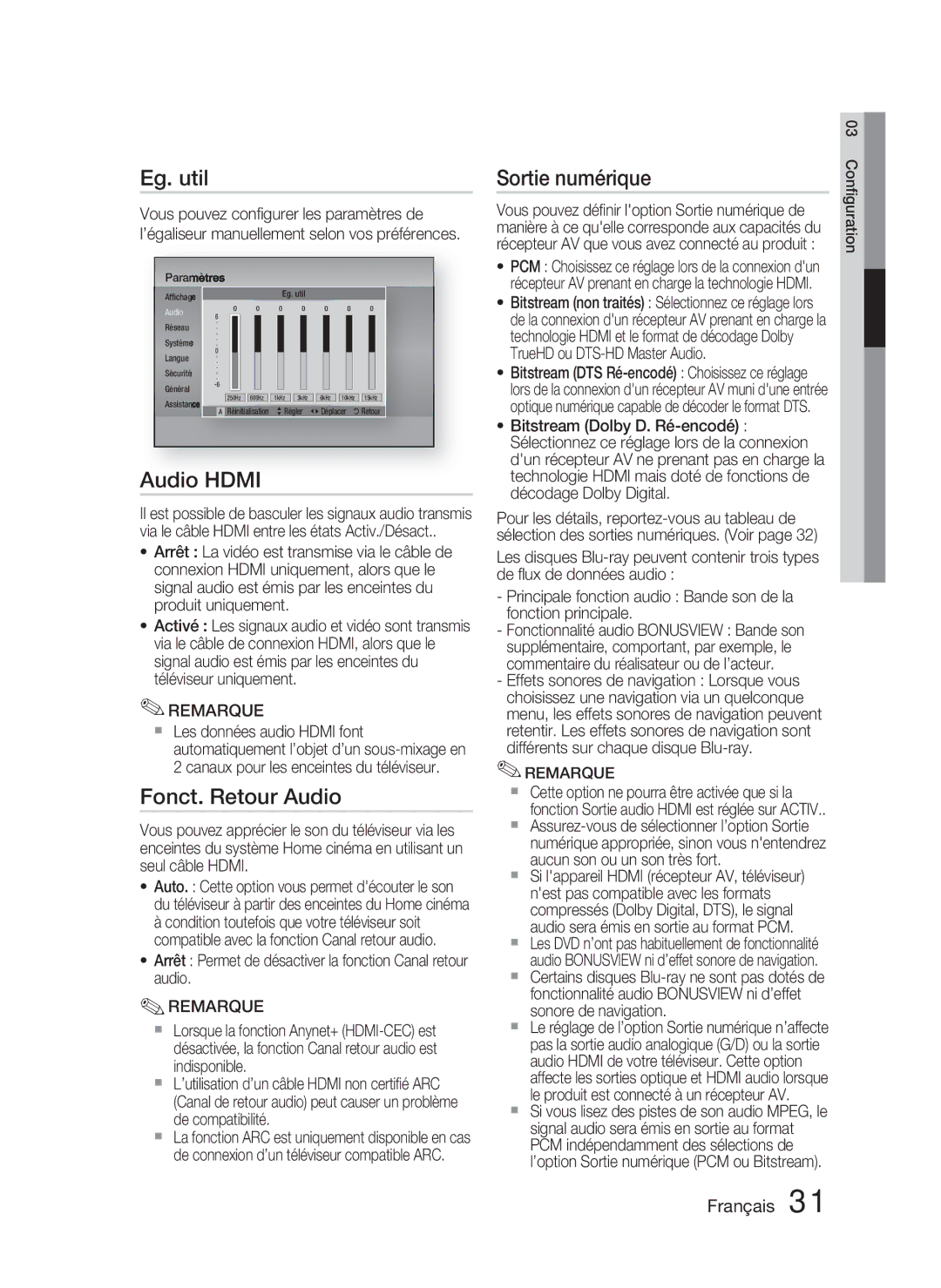 Samsung HT-D4500/ZF manual Eg. util, Audio Hdmi, Fonct. Retour Audio, Sortie numérique 