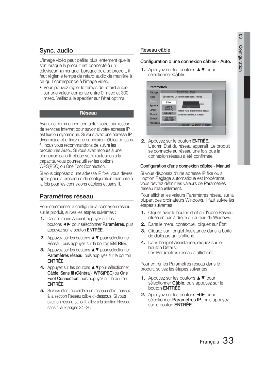 Samsung HT-D4500/ZF manual Sync. audio, Paramètres réseau, Réseau câble, Entrée 