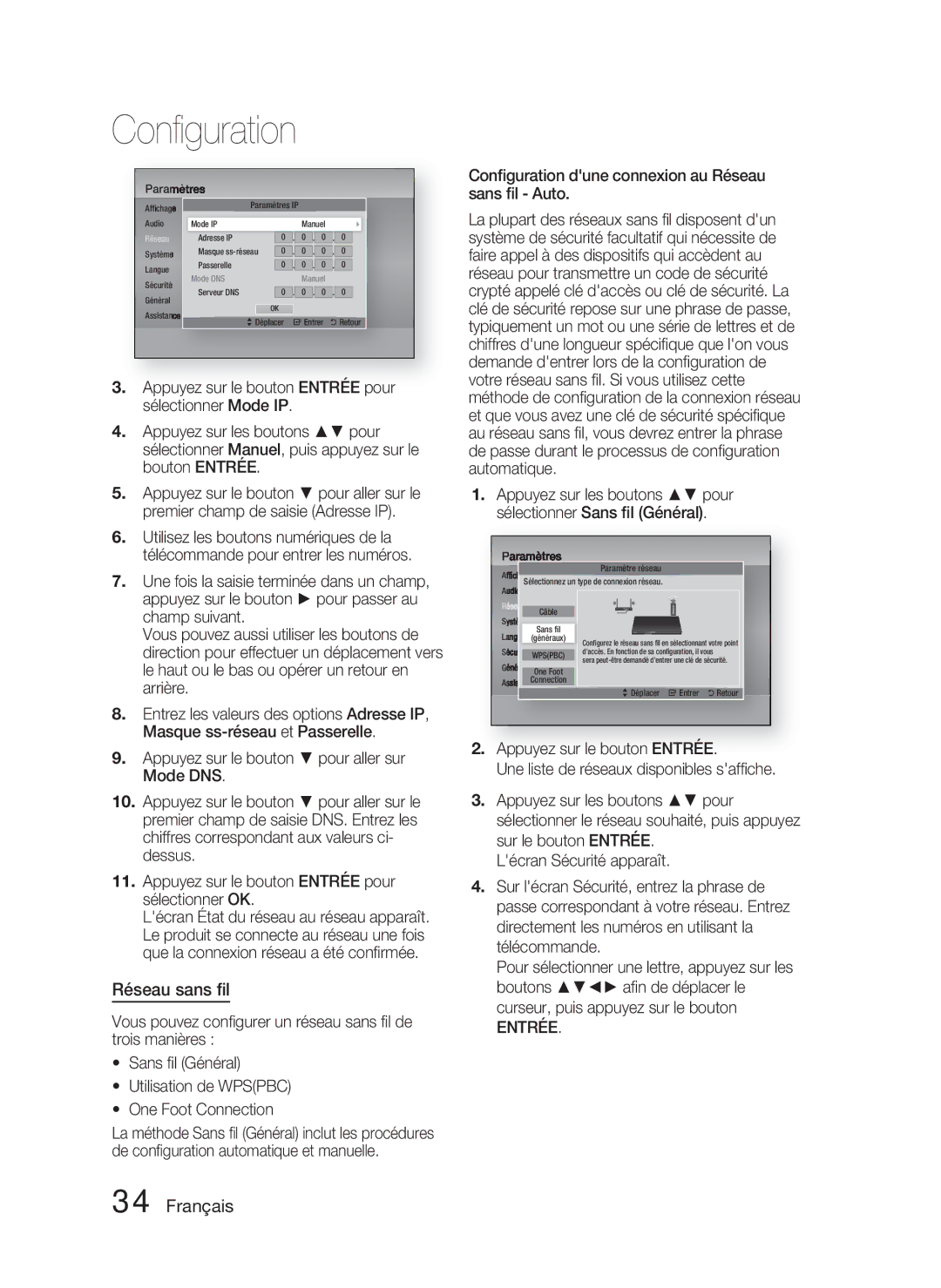 Samsung HT-D4500/ZF manual Réseau sans ﬁl, Appuyez sur les boutons pour sélectionner Sans ﬁl Général 