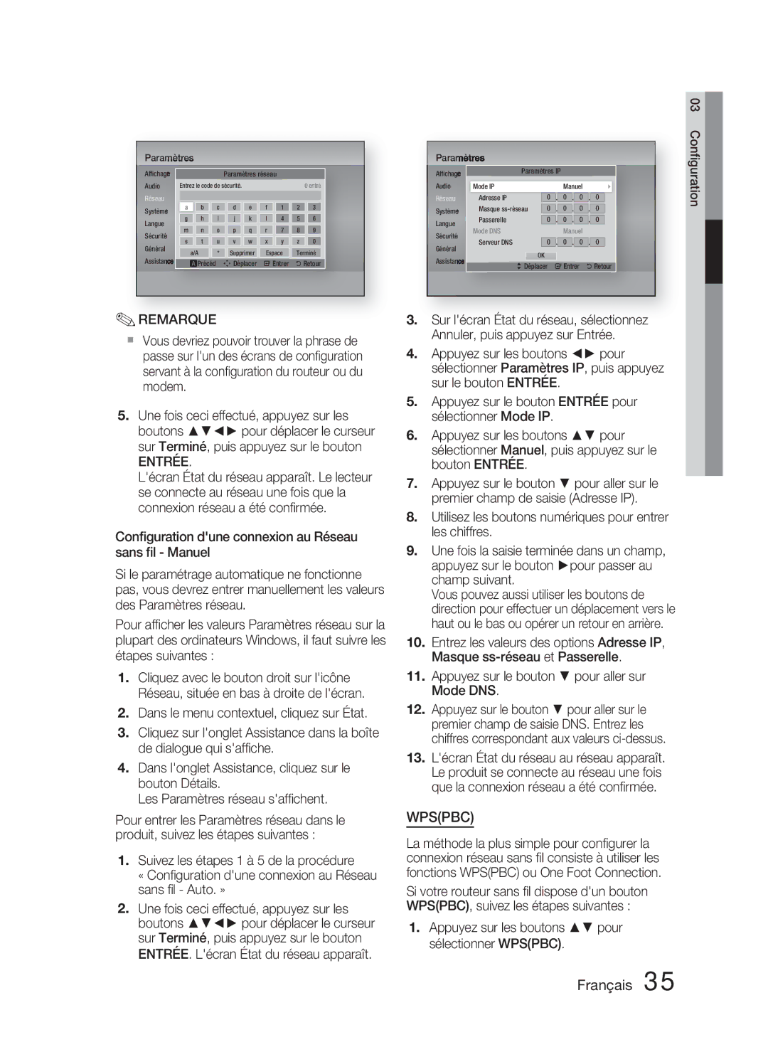 Samsung HT-D4500/ZF manual Appuyez sur les boutons pour sélectionner Wpspbc 