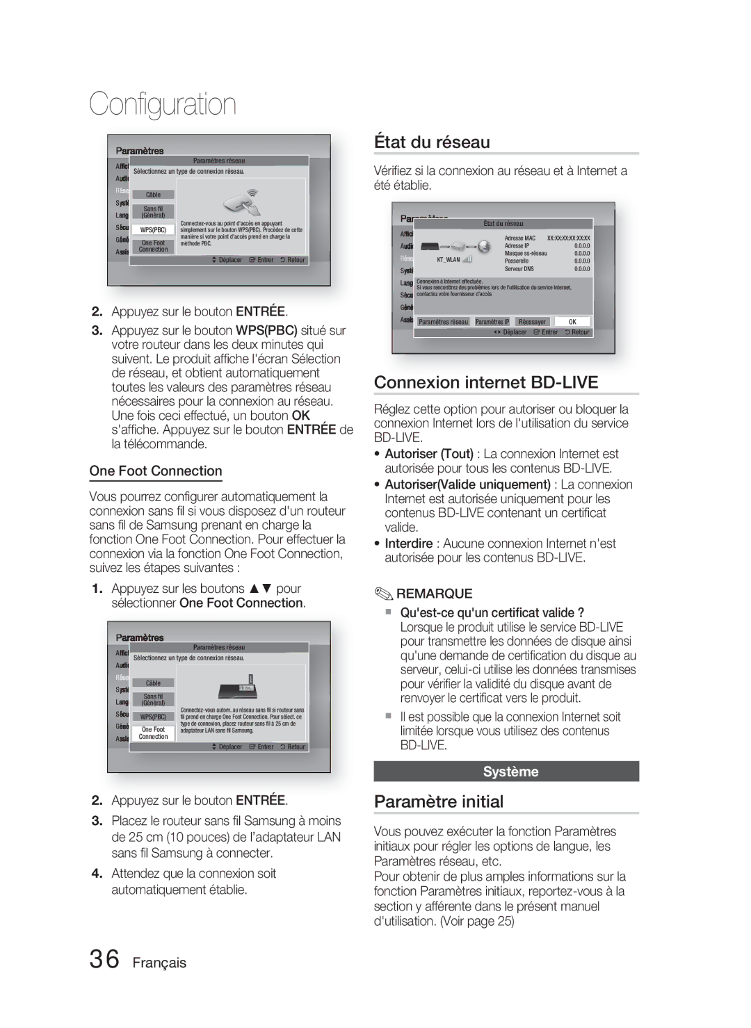 Samsung HT-D4500/ZF manual État du réseau, Connexion internet BD-LIVE, Paramètre initial, One Foot Connection, Système 