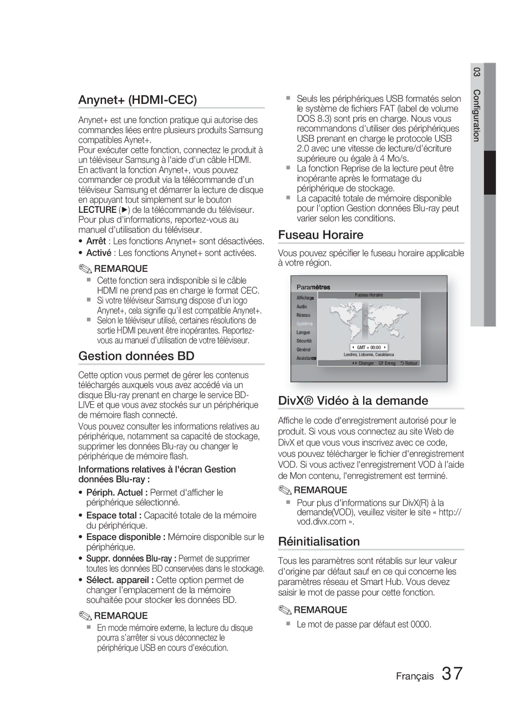 Samsung HT-D4500/ZF manual Anynet+ HDMI-CEC, Gestion données BD, Fuseau Horaire, DivX Vidéo à la demande, Réinitialisation 