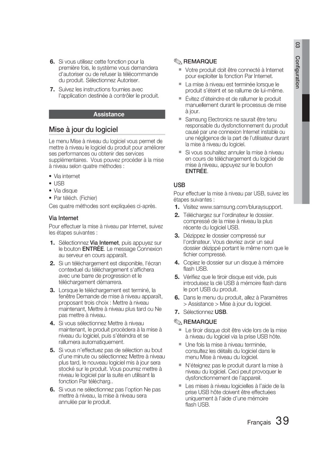 Samsung HT-D4500/ZF manual Mise à jour du logiciel, Assistance, Via Internet, Via internet, Sélectionnez USB 