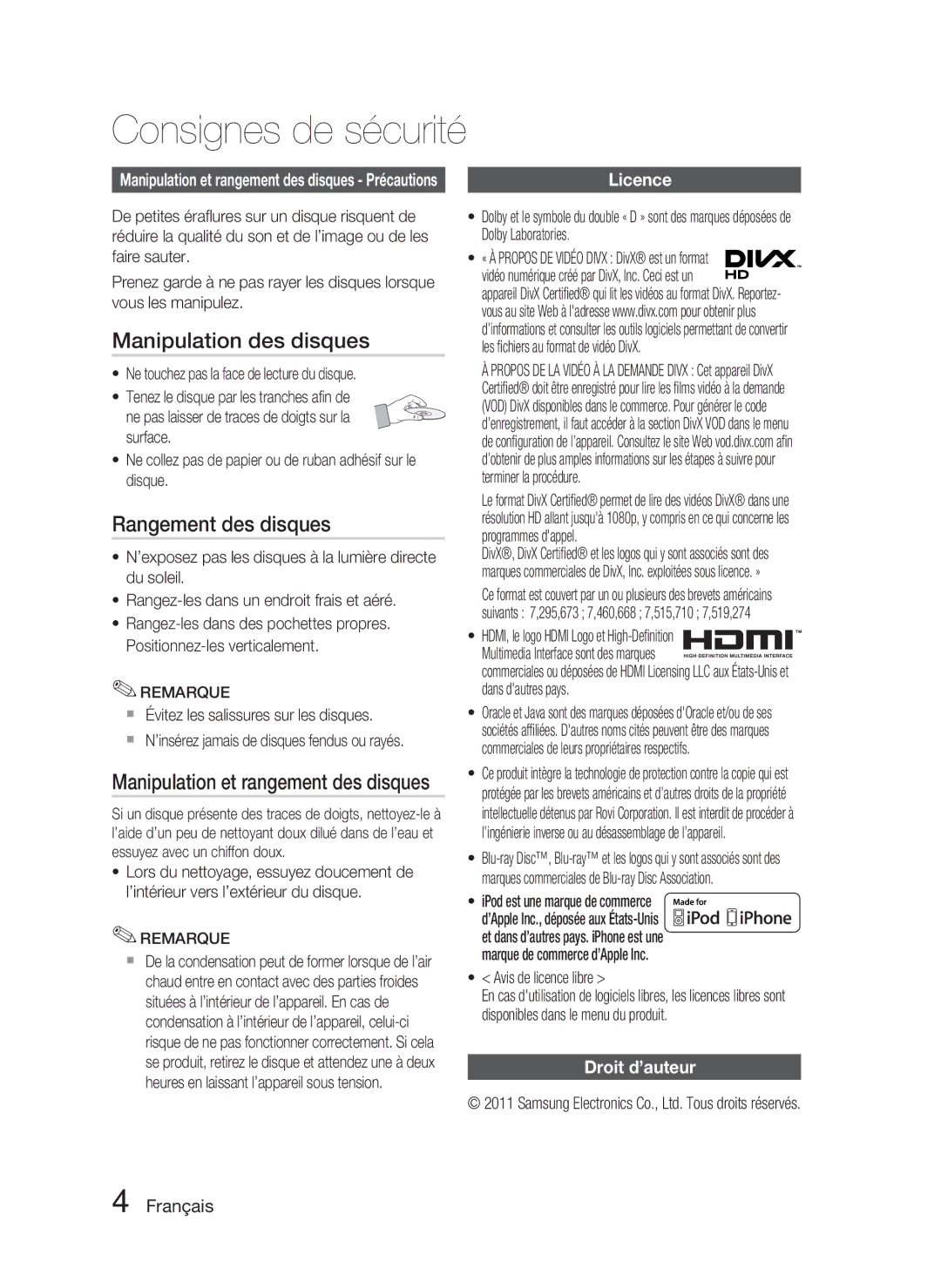 Samsung HT-D4500/ZF Manipulation des disques, Rangement des disques, Manipulation et rangement des disques Précautions 