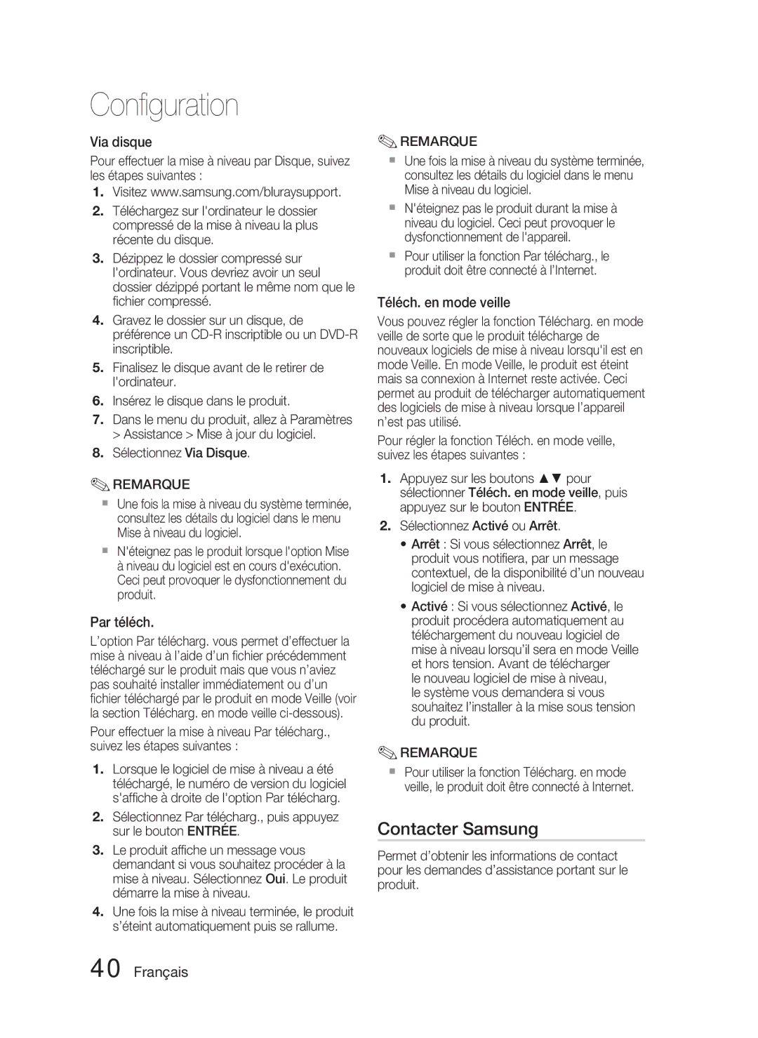 Samsung HT-D4500/ZF manual Contacter Samsung, Via disque, Par téléch, Téléch. en mode veille, Sélectionnez Via Disque 