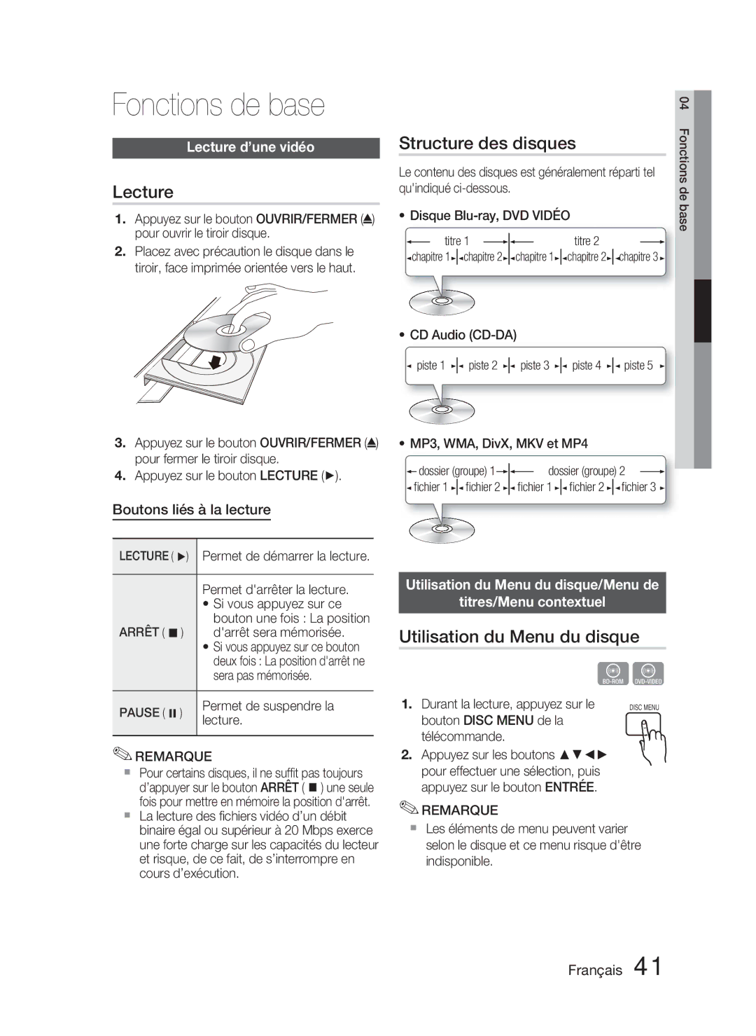 Samsung HT-D4500/ZF manual Fonctions de base, Structure des disques, Utilisation du Menu du disque, Lecture d’une vidéo 