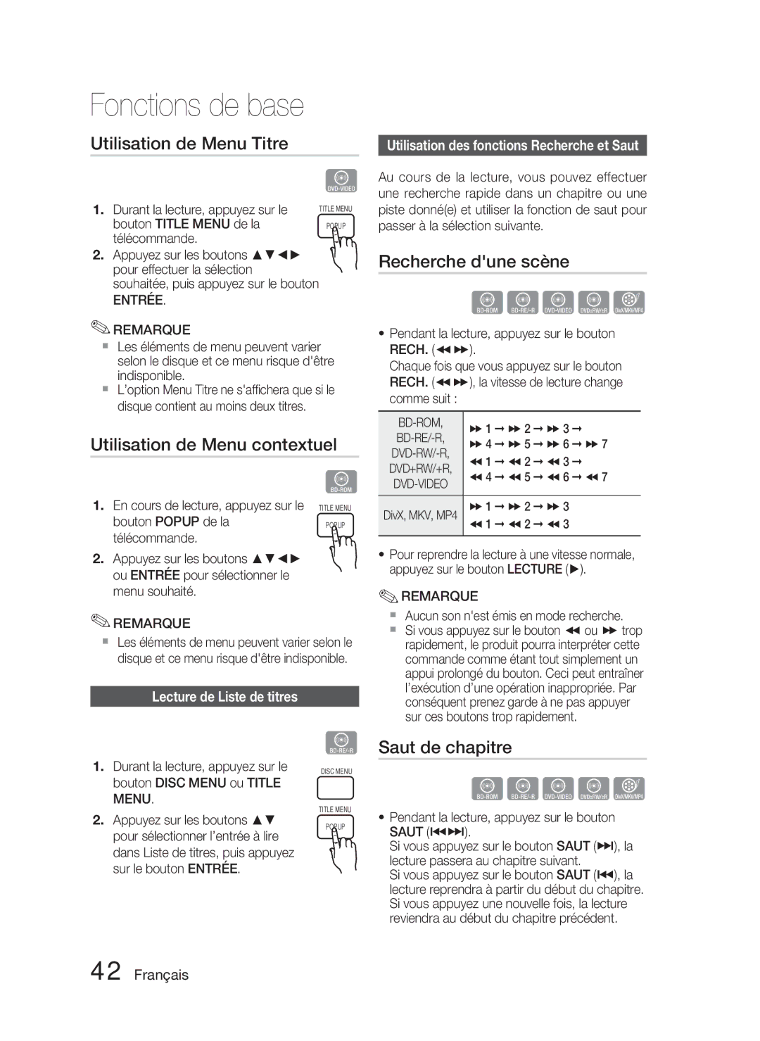 Samsung HT-D4500/ZF Utilisation de Menu Titre, Utilisation de Menu contextuel, Recherche dune scène, Saut de chapitre 