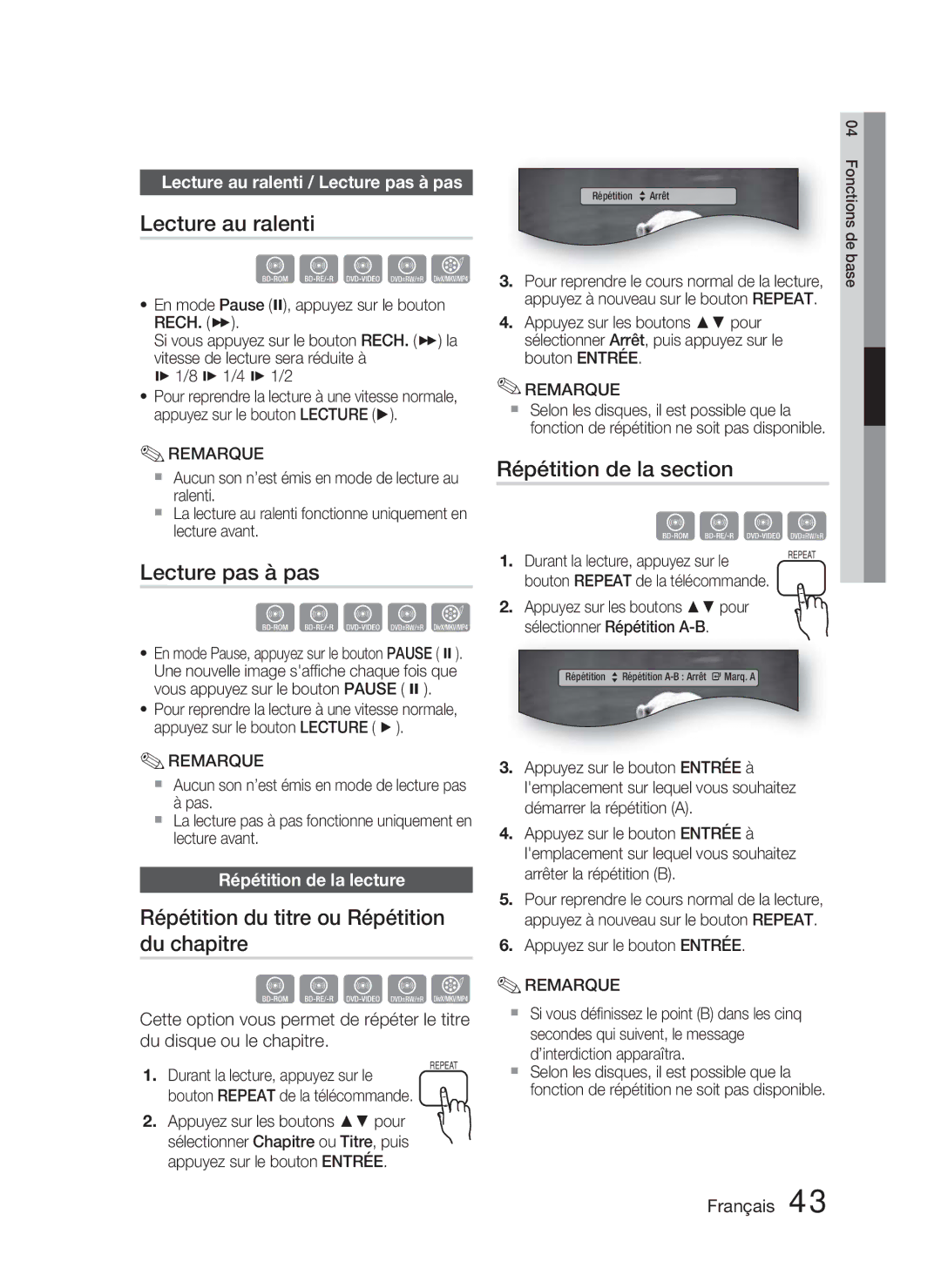 Samsung HT-D4500/ZF manual Lecture au ralenti, Lecture pas à pas, Répétition du titre ou Répétition du chapitre 