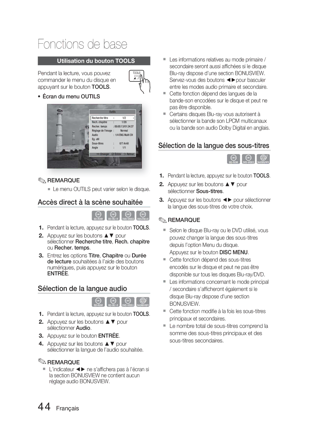 Samsung HT-D4500/ZF manual Accès direct à la scène souhaitée, Sélection de la langue audio, Utilisation du bouton Tools 