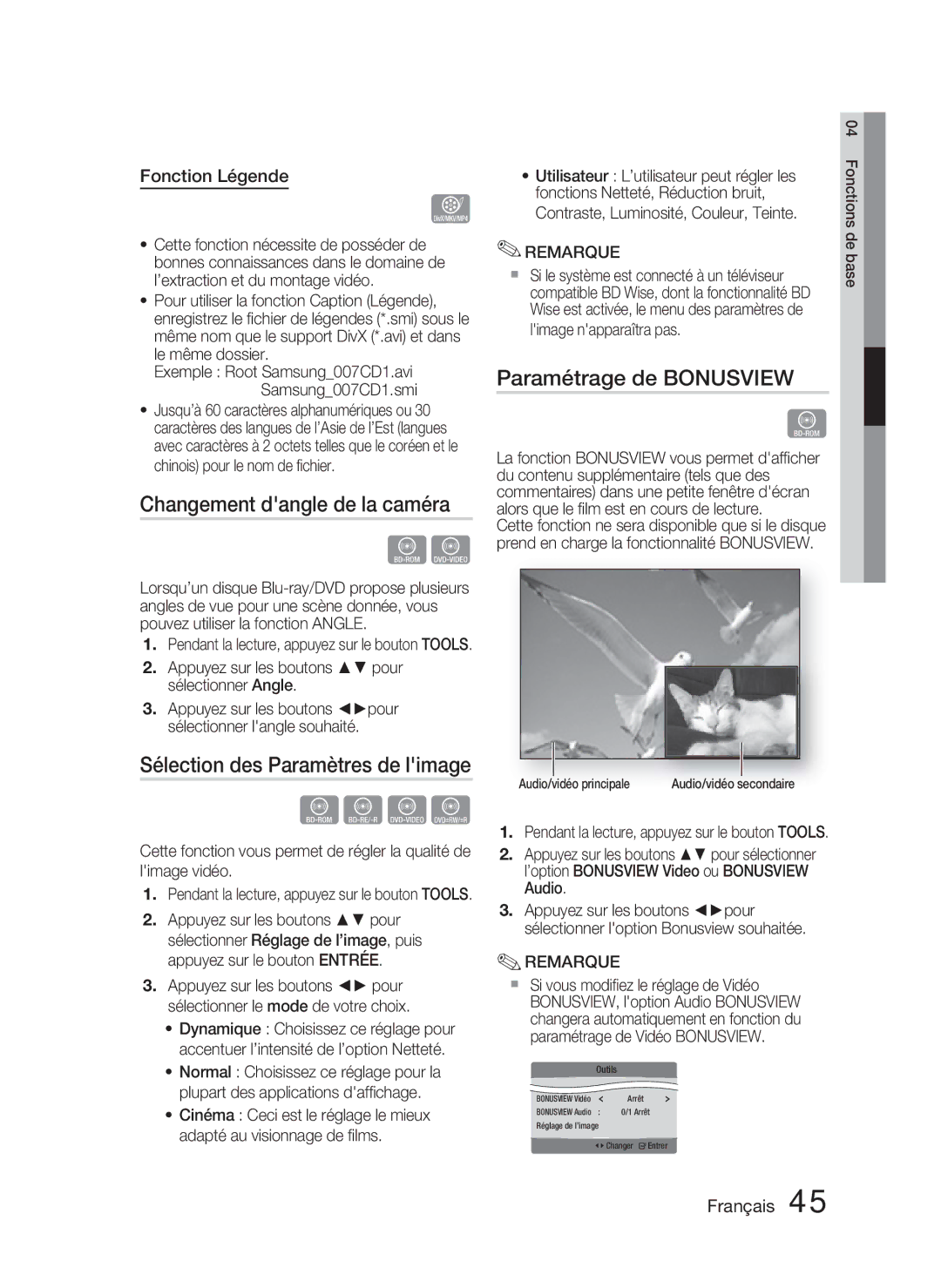 Samsung HT-D4500/ZF manual Changement dangle de la caméra, Sélection des Paramètres de limage, Paramétrage de Bonusview 