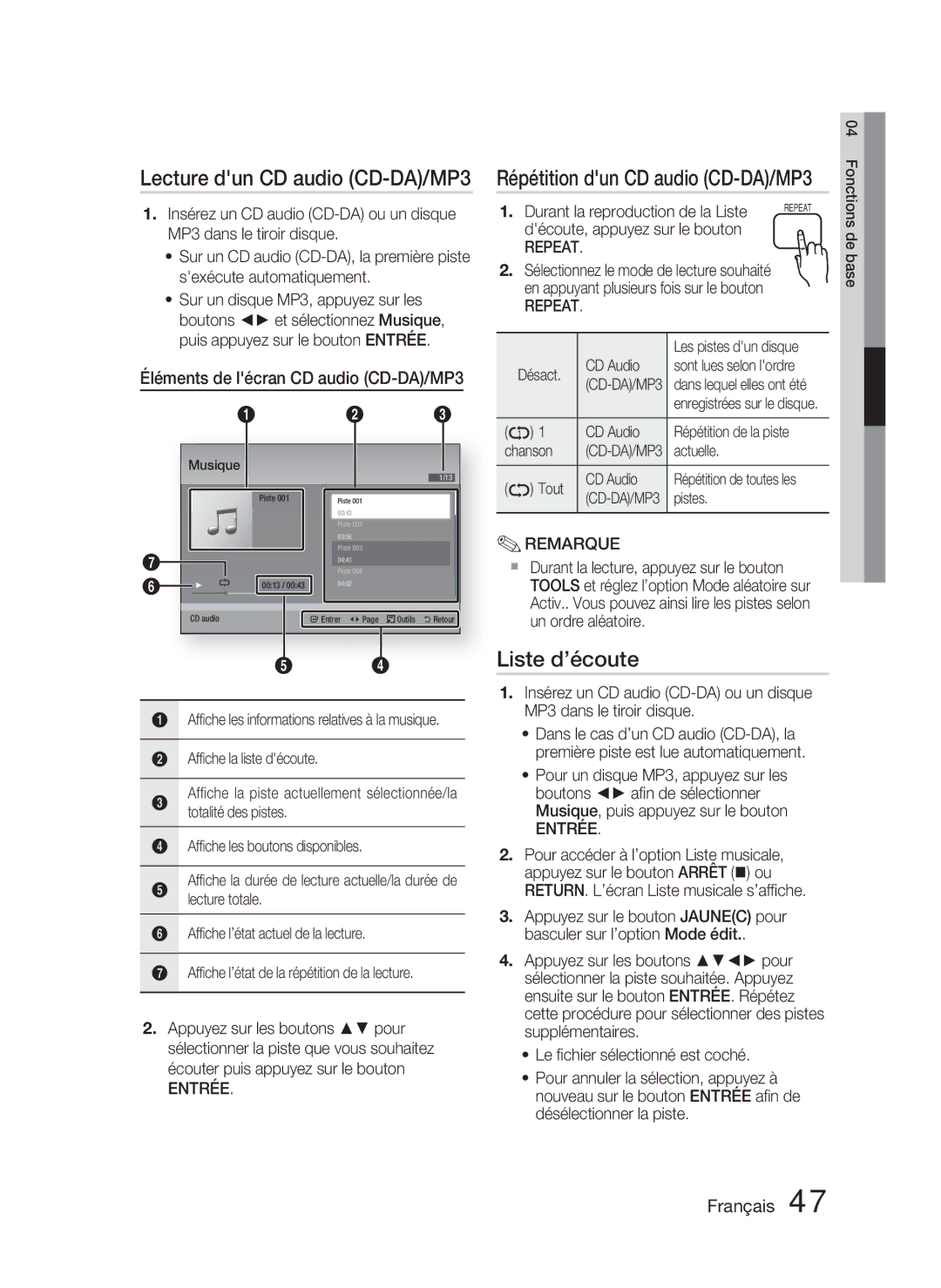 Samsung HT-D4500/ZF manual Lecture dun CD audio CD-DA/MP3, Liste d’écoute, Éléments de lécran CD audio CD-DA/MP3, Repeat 