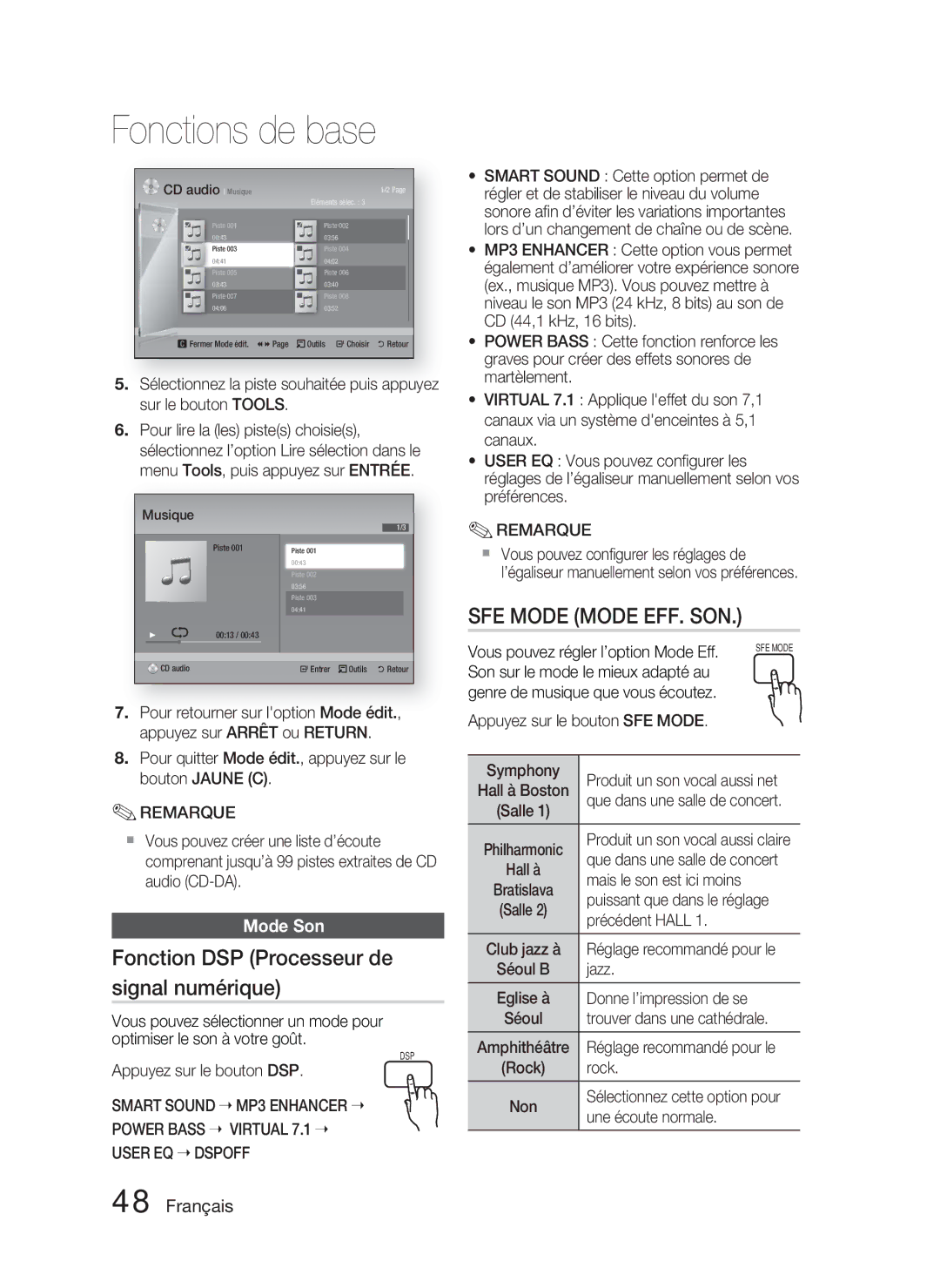 Samsung HT-D4500/ZF Fonction DSP Processeur de signal numérique, Mode Son, Smart Sound, Power Bass Virtual User EQ Dspoff 