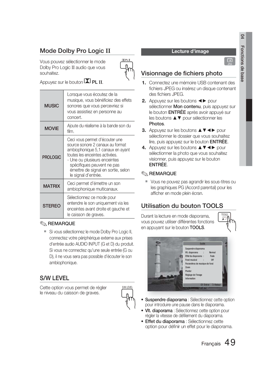 Samsung HT-D4500/ZF manual Mode Dolby Pro Logic, Visionnage de ﬁchiers photo, Utilisation du bouton Tools, Lecture d’image 