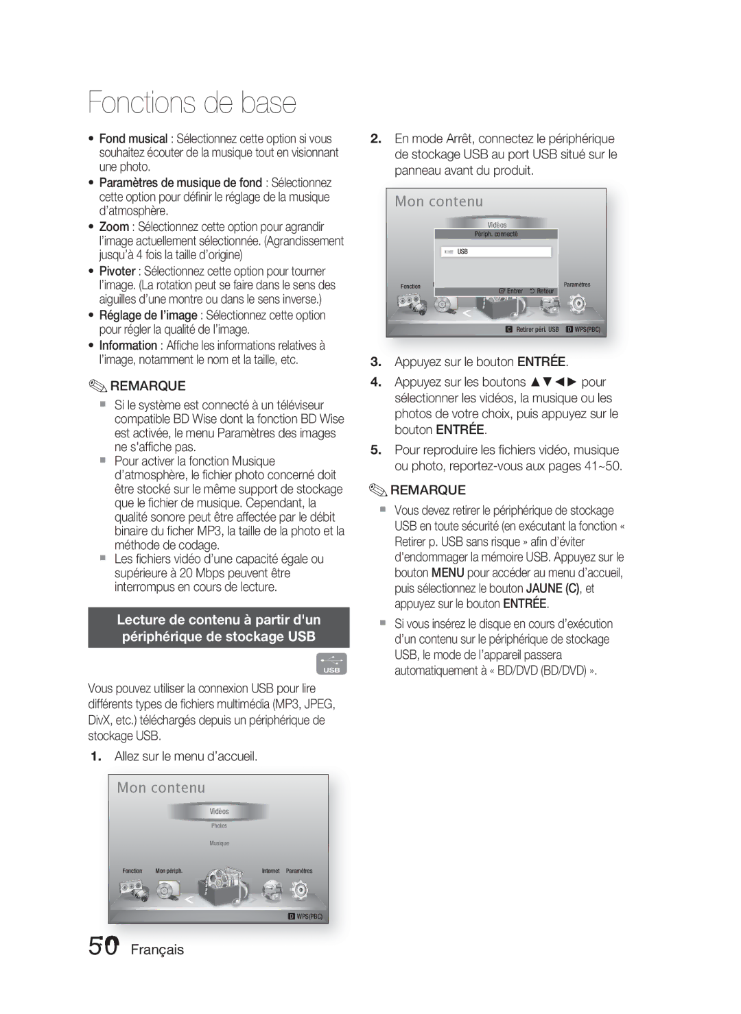 Samsung HT-D4500/ZF manual Lecture de contenu à partir dun Périphérique de stockage USB 