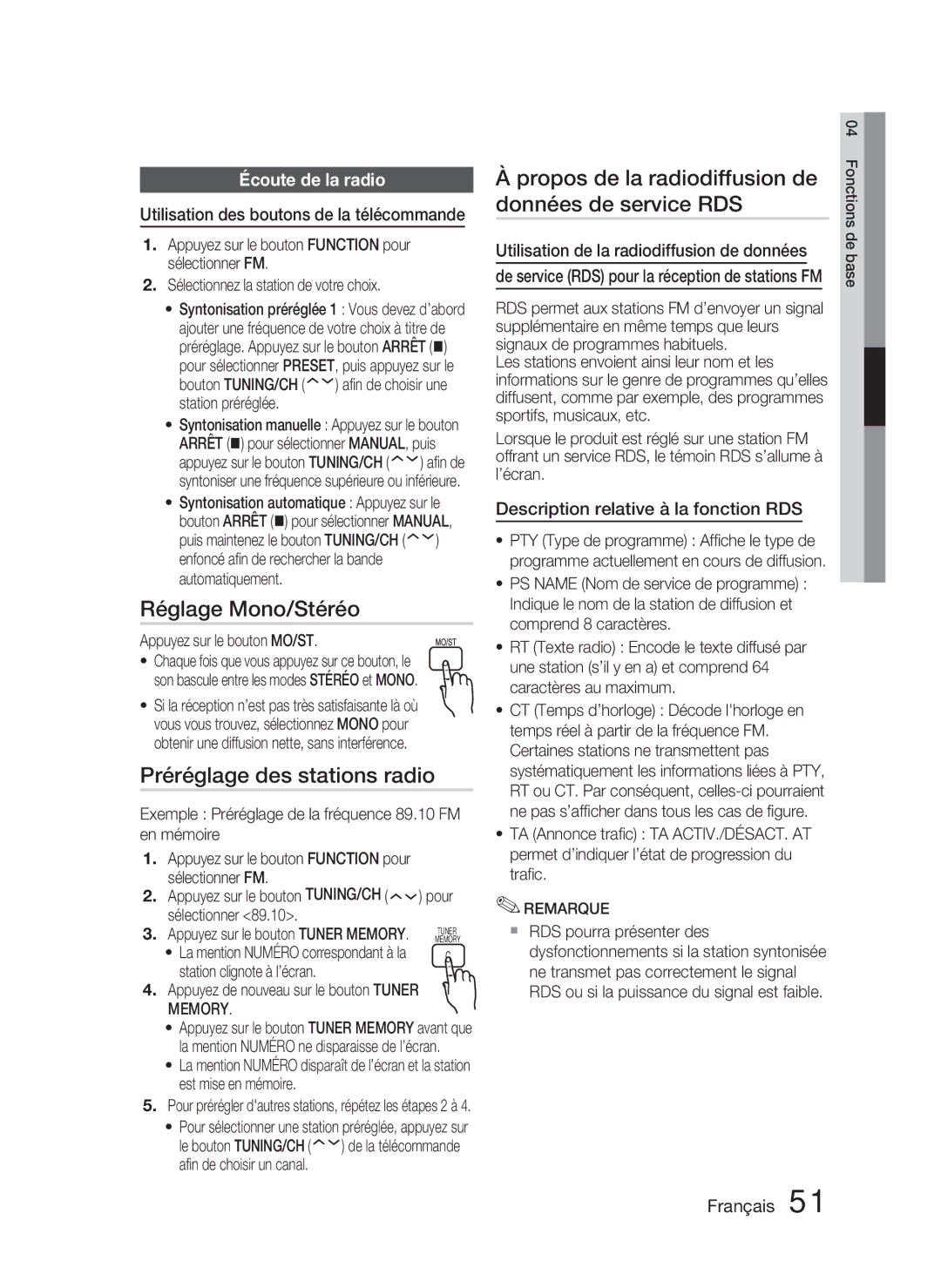 Samsung HT-D4500/ZF manual Réglage Mono/Stéréo, Préréglage des stations radio, Écoute de la radio 