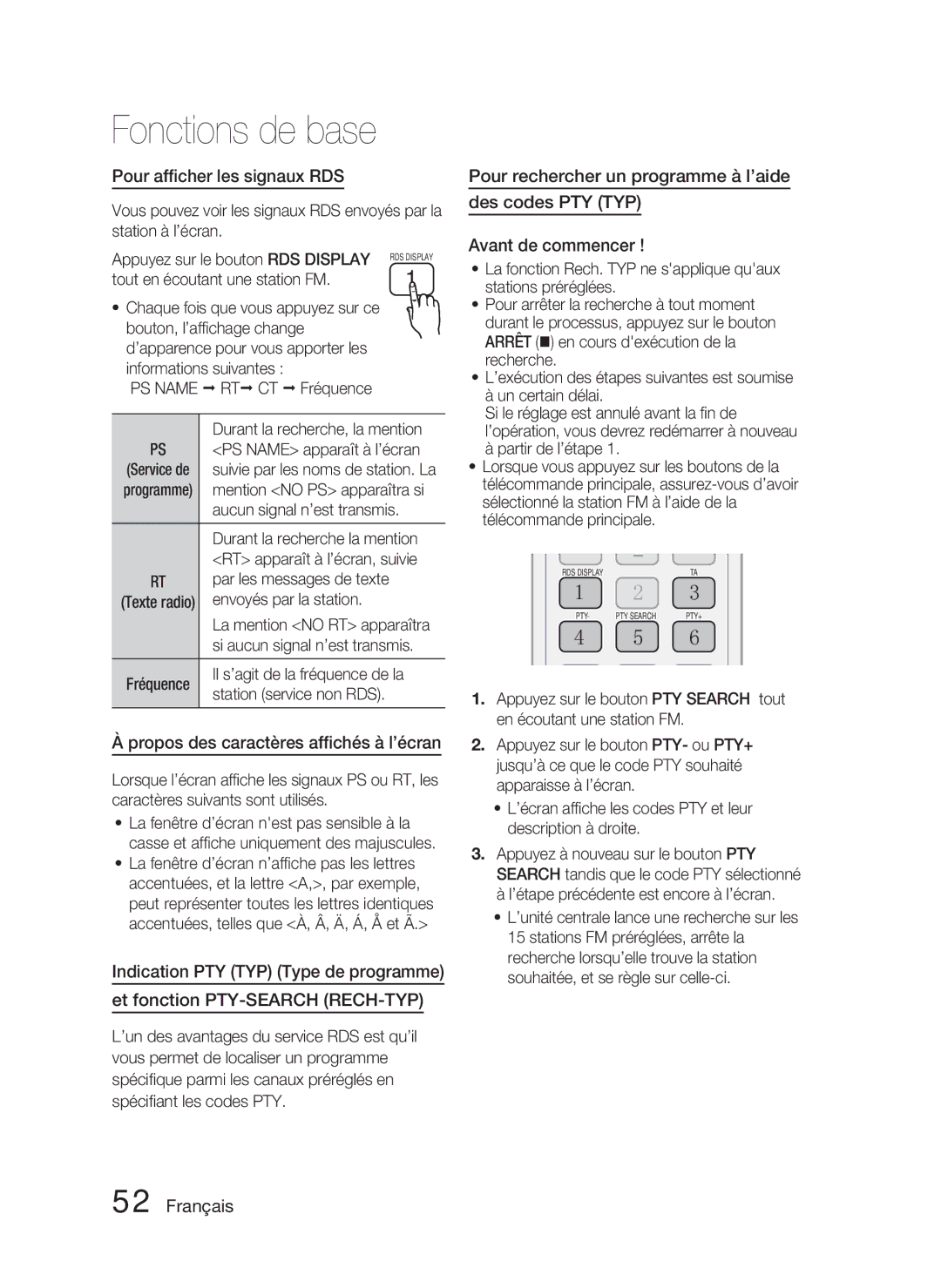 Samsung HT-D4500/ZF manual Pour afﬁcher les signaux RDS, Propos des caractères afﬁchés à l’écran 