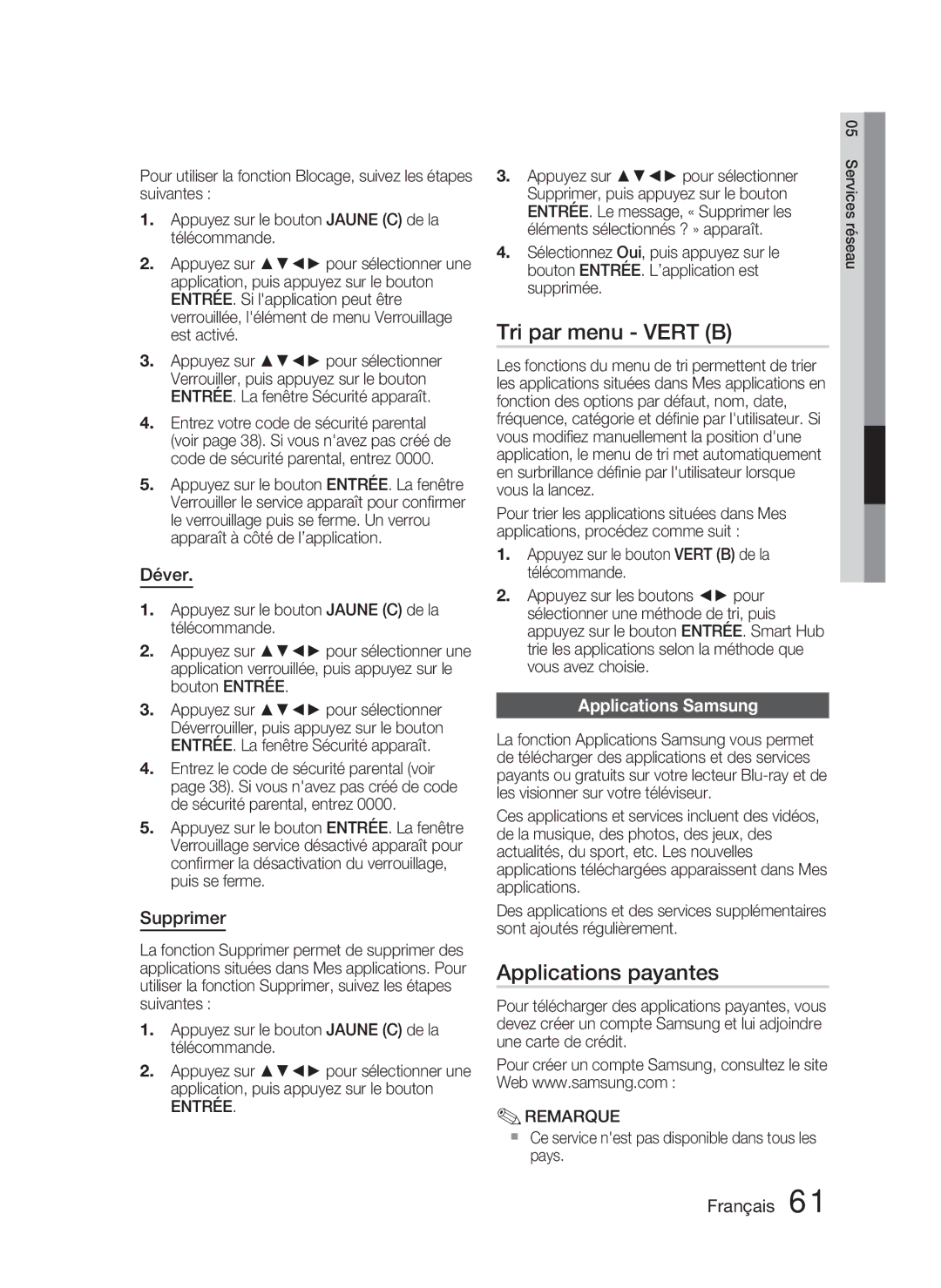 Samsung HT-D4500/ZF manual Tri par menu Vert B, Applications payantes, Déver, Supprimer, Applications Samsung 