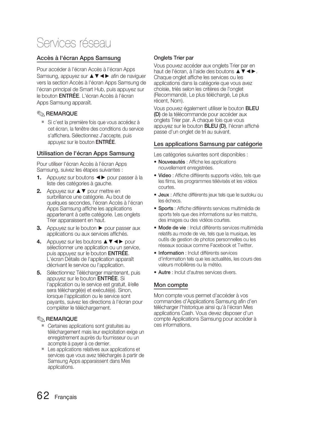 Samsung HT-D4500/ZF manual Accès à lécran Apps Samsung, Utilisation de lécran Apps Samsung, Mon compte 