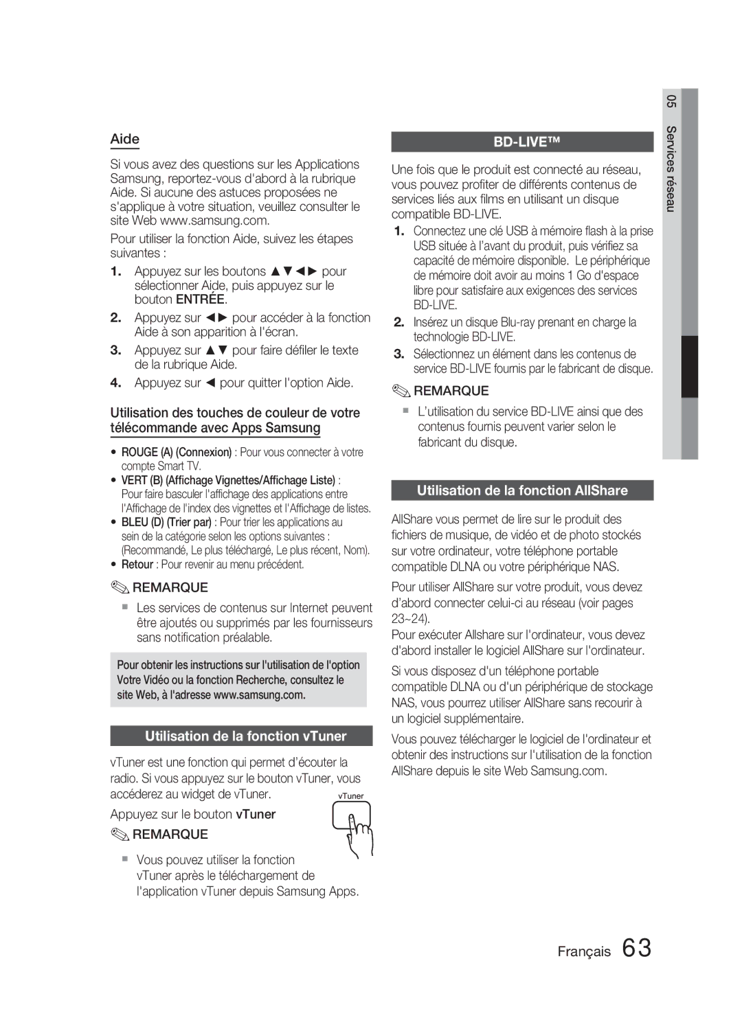 Samsung HT-D4500/ZF manual Aide, Utilisation de la fonction vTuner, Utilisation de la fonction AllShare 