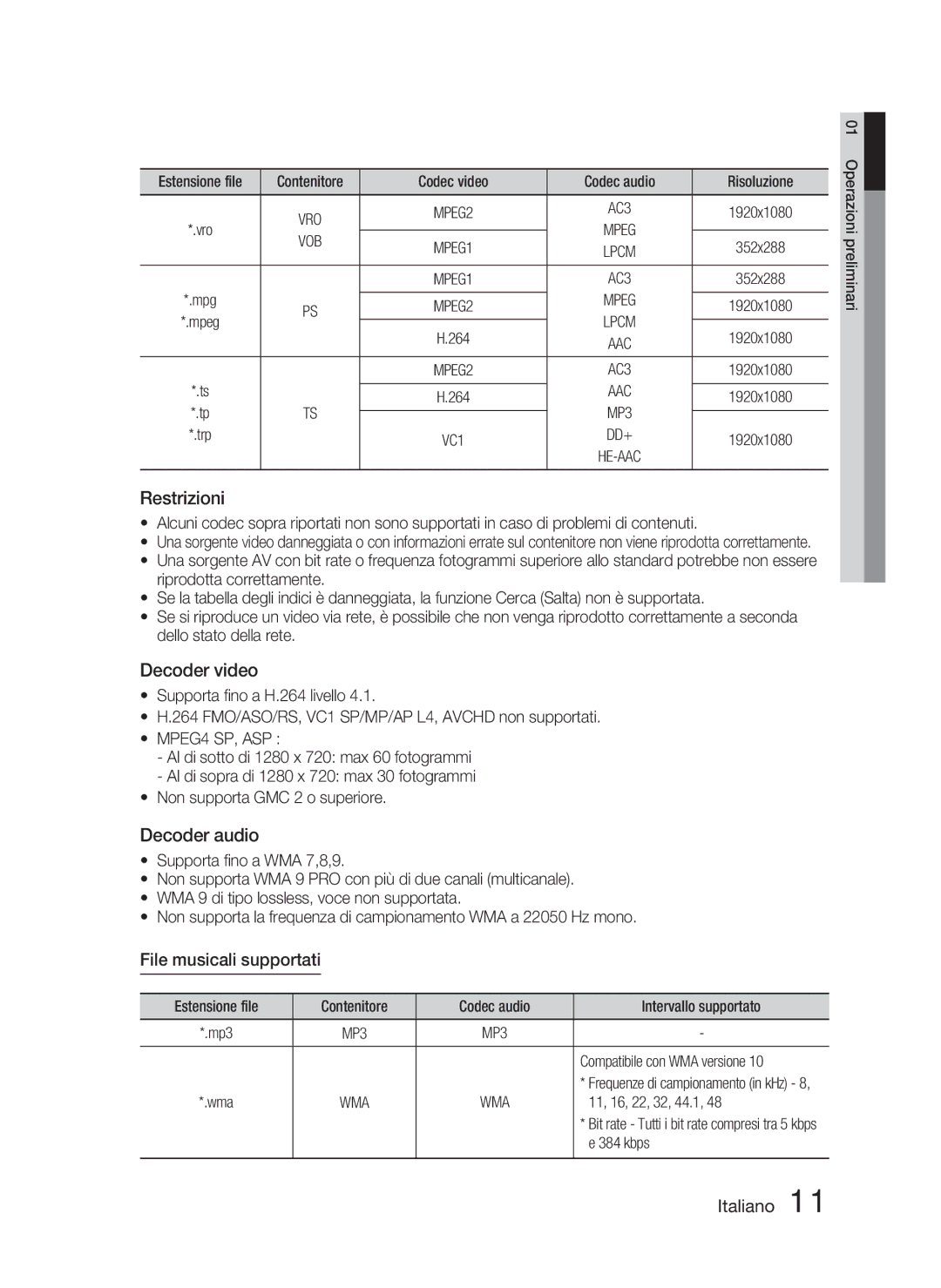 Samsung HT-D4500/ZF manual File musicali supportati, Vob, MPEG4 SP, ASP 