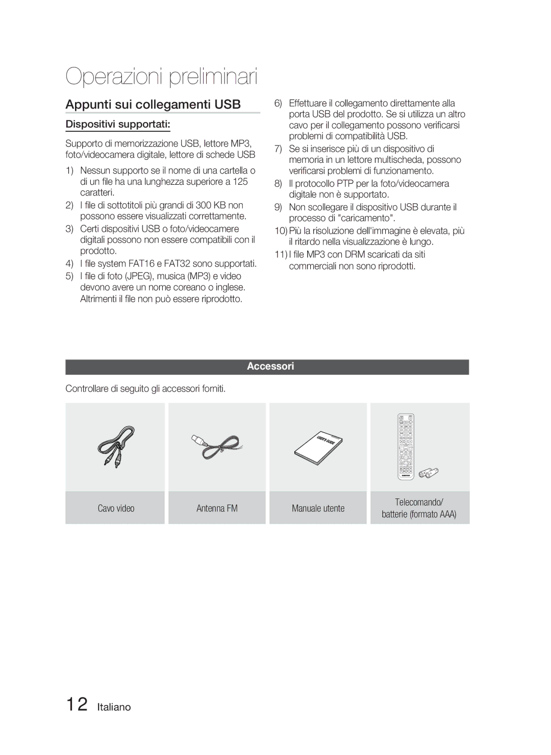 Samsung HT-D4500/ZF manual Appunti sui collegamenti USB, Dispositivi supportati, Accessori 