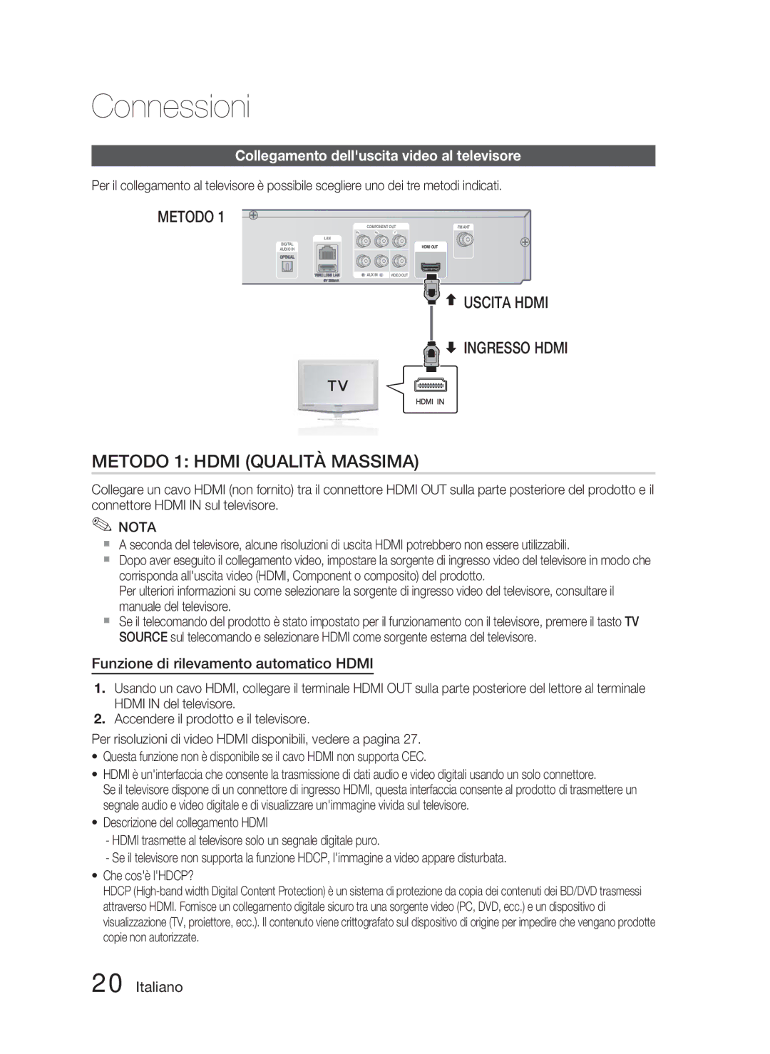 Samsung HT-D4500/ZF manual Collegamento delluscita video al televisore, Funzione di rilevamento automatico Hdmi 