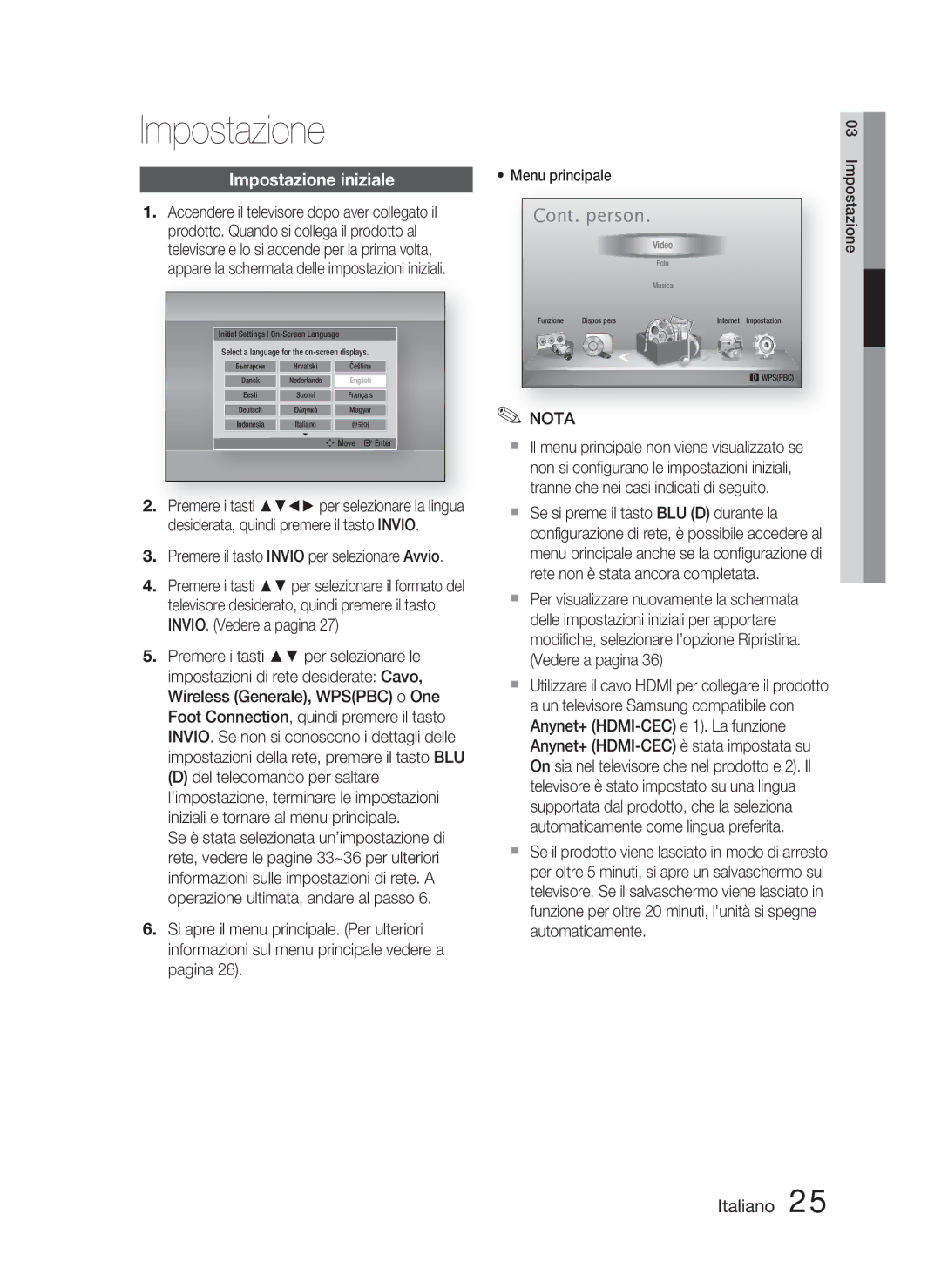 Samsung HT-D4500/ZF manual Impostazione iniziale, Premere il tasto Invio per selezionare Avvio 