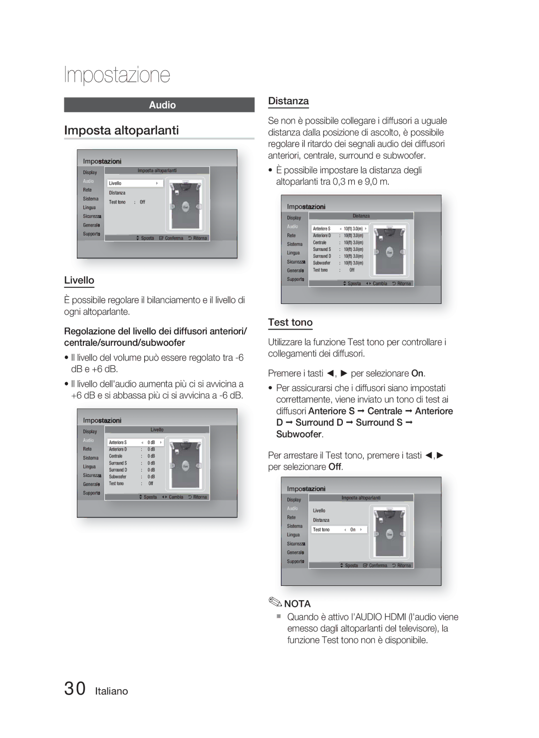 Samsung HT-D4500/ZF manual Imposta altoparlanti, Audio, Livello, Distanza, Test tono 