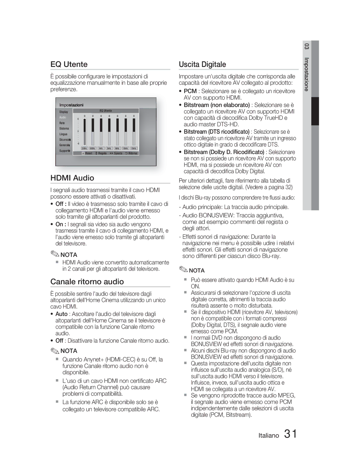 Samsung HT-D4500/ZF manual EQ Utente, Hdmi Audio, Canale ritorno audio, Uscita Digitale 