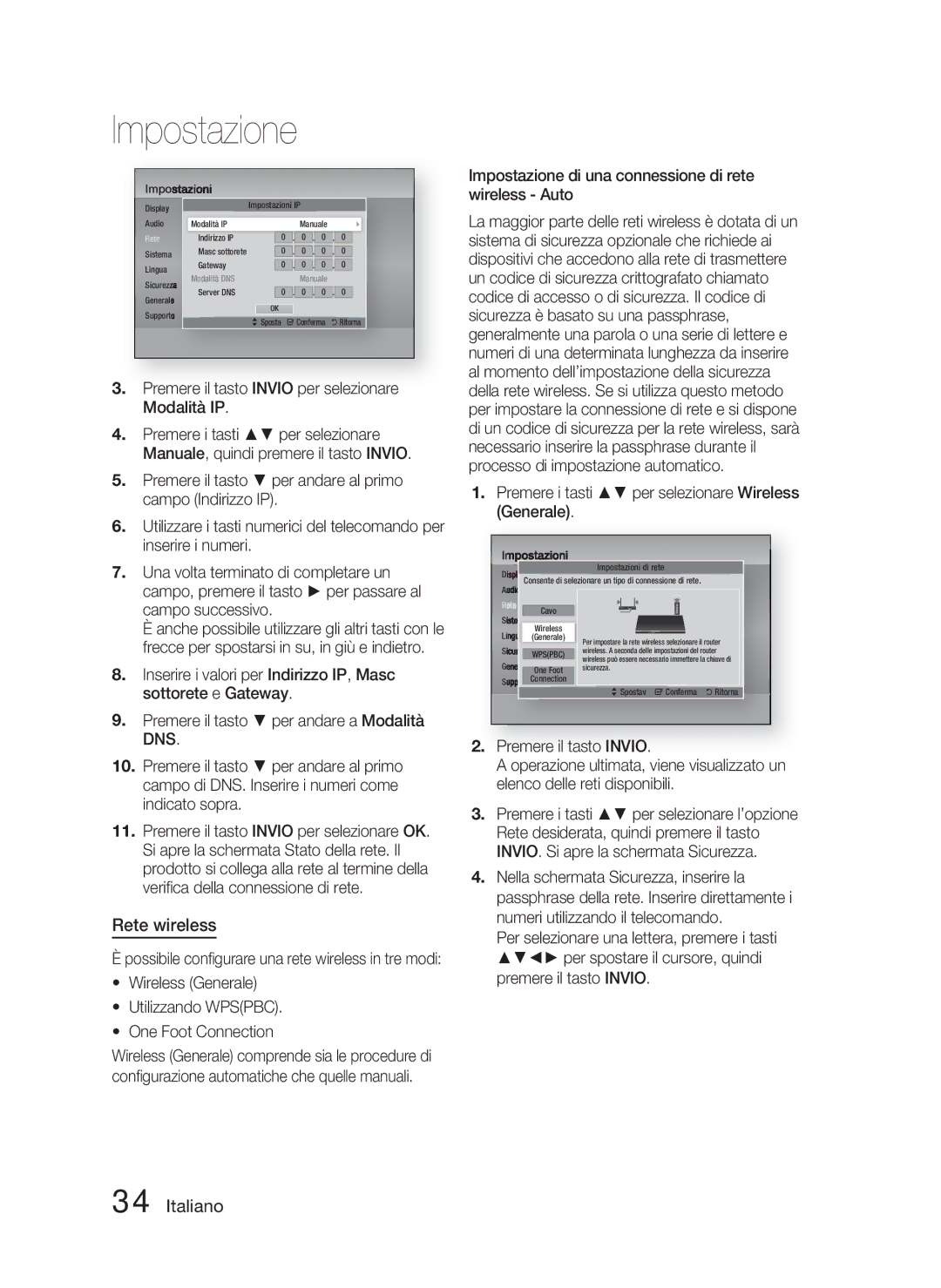 Samsung HT-D4500/ZF manual Rete wireless, Wireless Generale Utilizzando Wpspbc One Foot Connection 