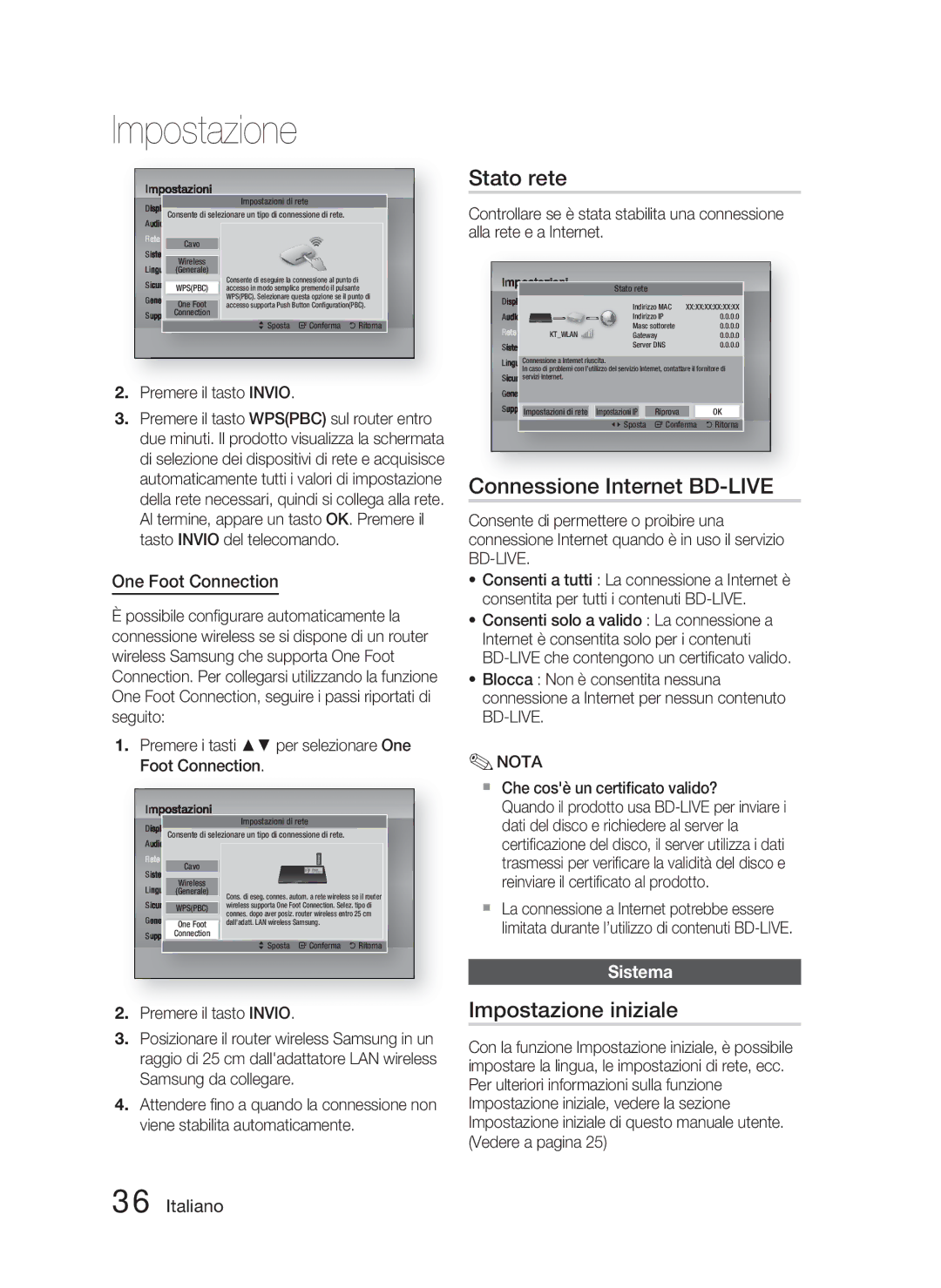 Samsung HT-D4500/ZF manual Stato rete, Connessione Internet BD-LIVE, Impostazione iniziale, One Foot Connection, Sistema 