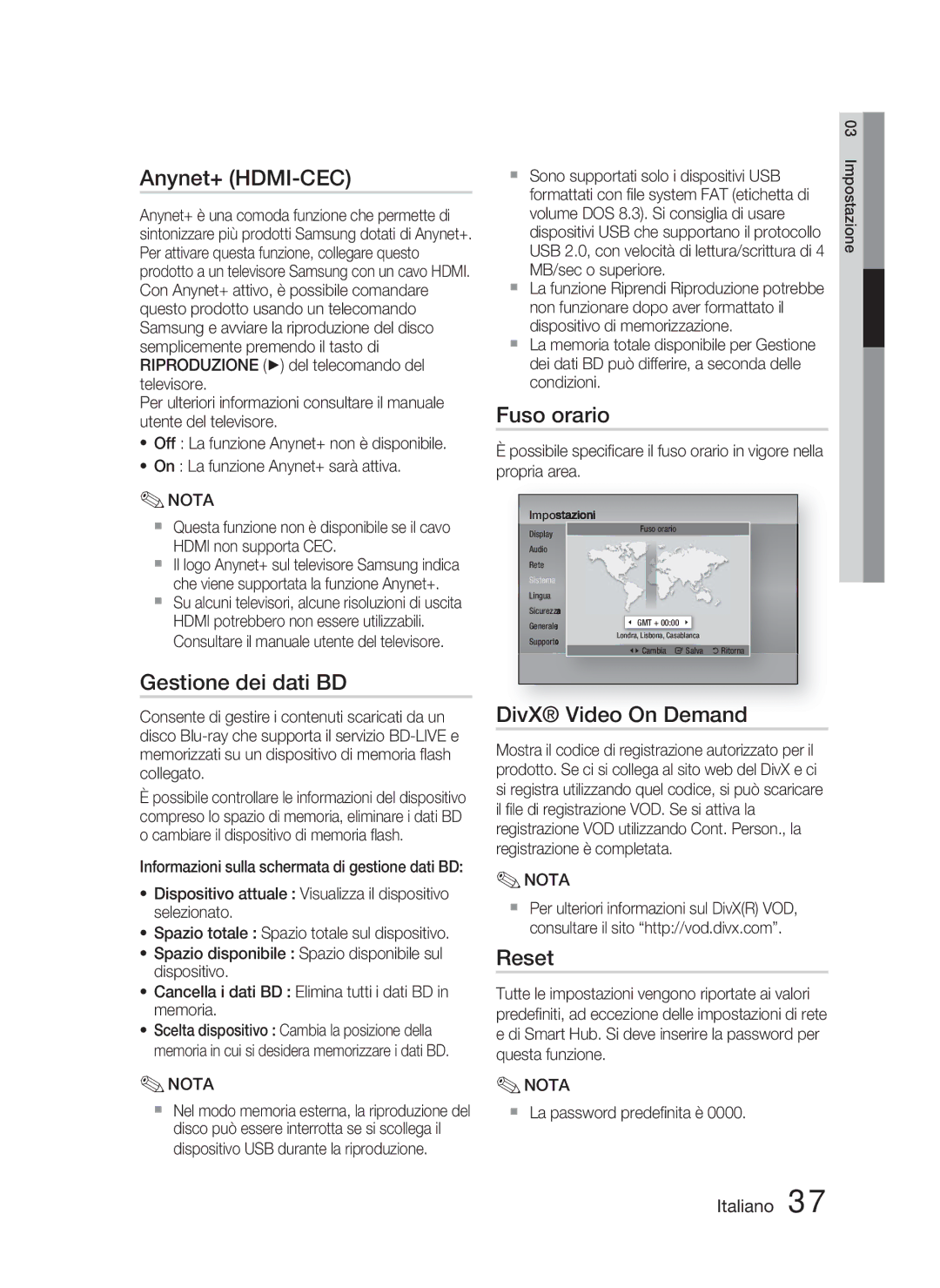 Samsung HT-D4500/ZF manual Anynet+ HDMI-CEC, Gestione dei dati BD, Fuso orario, DivX Video On Demand, Reset 