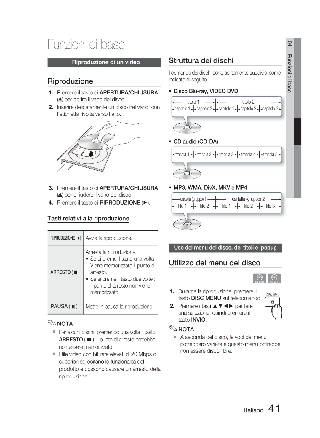 Samsung HT-D4500/ZF manual Funzioni di base, Riproduzione, Struttura dei dischi, Utilizzo del menu del disco 