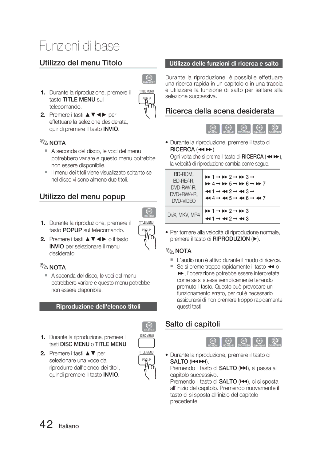 Samsung HT-D4500/ZF Utilizzo del menu Titolo, Ricerca della scena desiderata, Utilizzo del menu popup, Salto di capitoli 