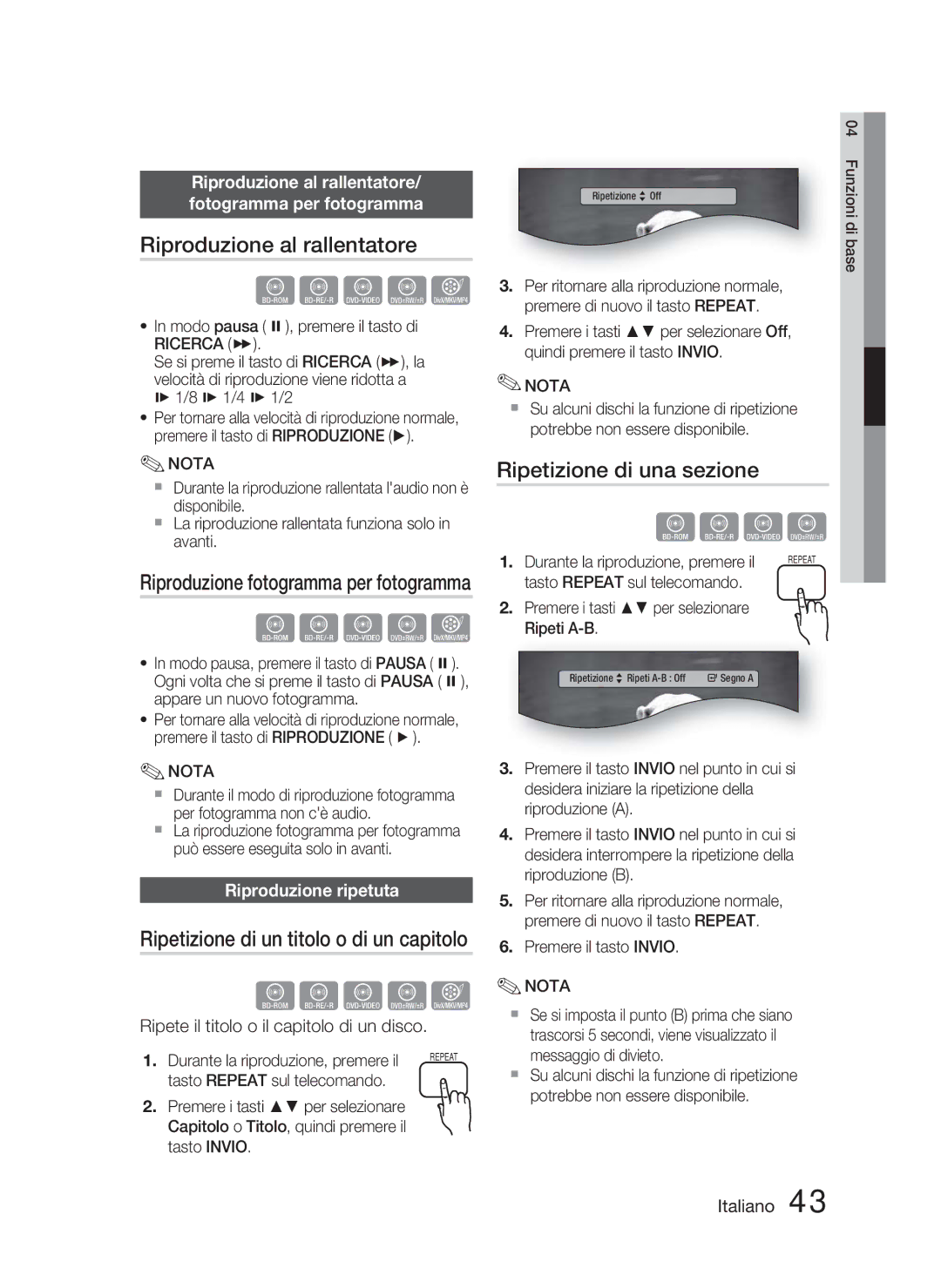 Samsung HT-D4500/ZF manual Riproduzione al rallentatore, Ripetizione di una sezione, Riproduzione ripetuta 