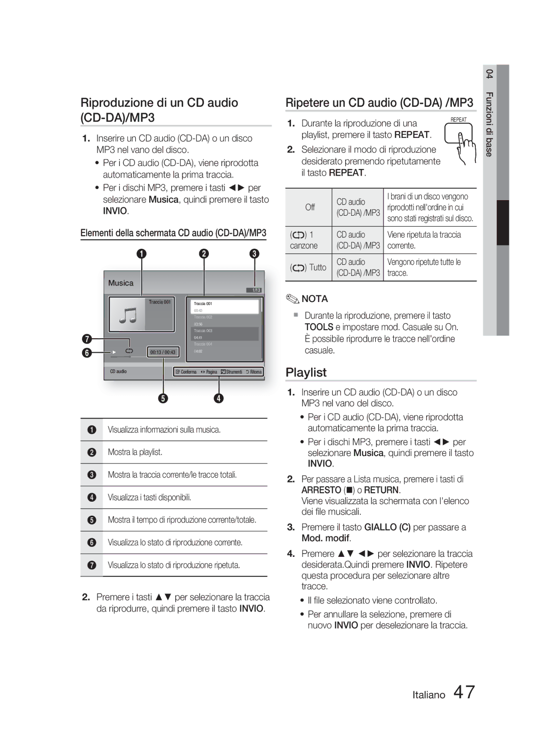 Samsung HT-D4500/ZF manual Riproduzione di un CD audio CD-DA/MP3, Playlist 