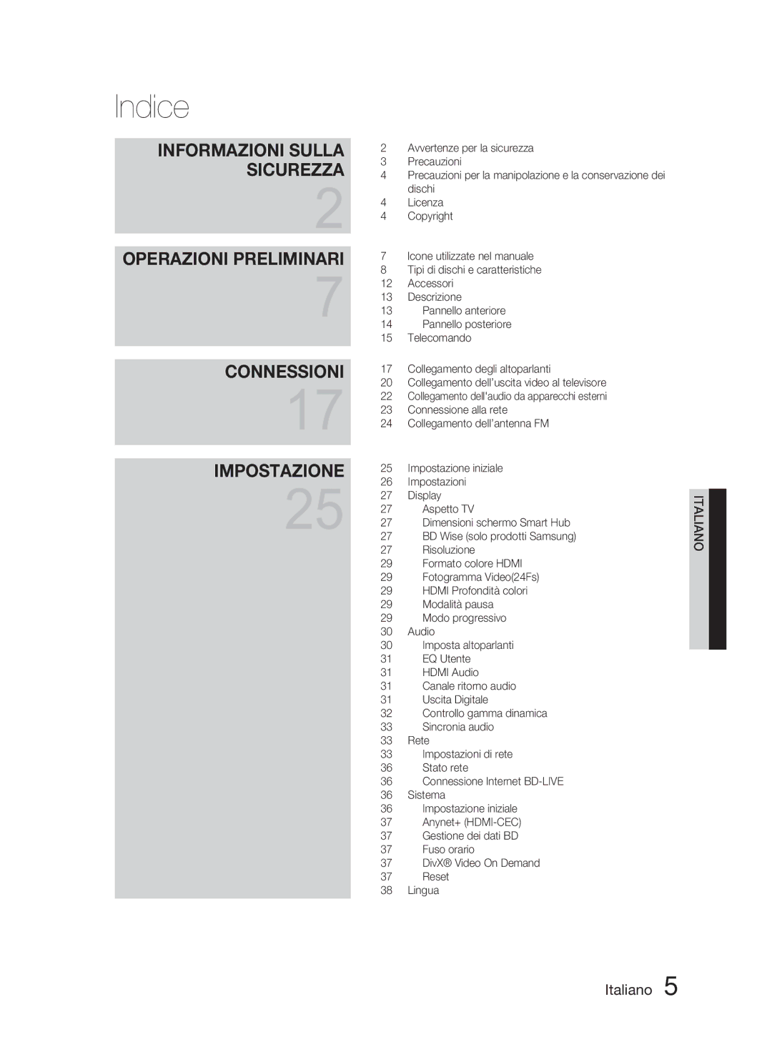 Samsung HT-D4500/ZF manual Indice, Sicurezza 