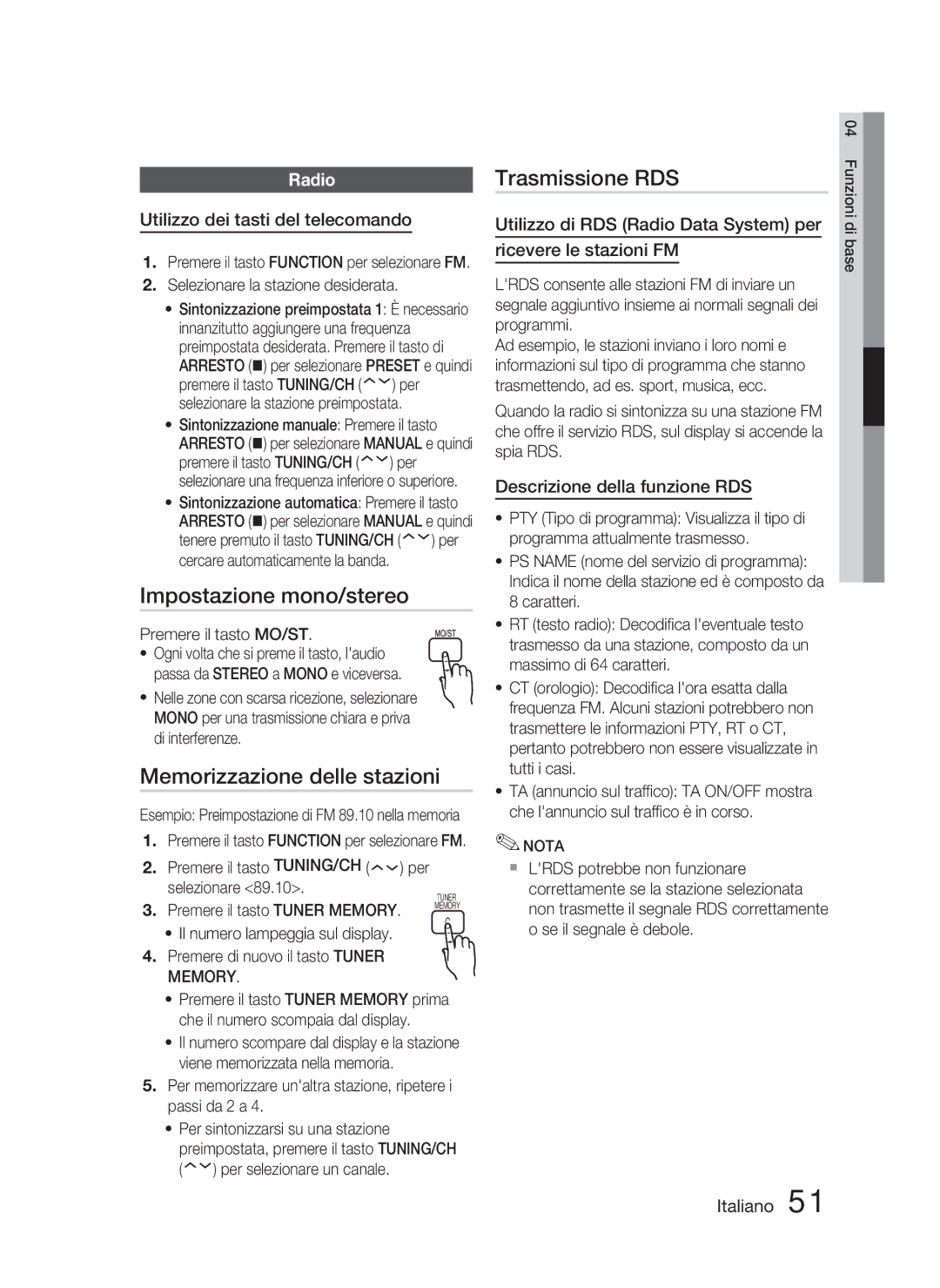 Samsung HT-D4500/ZF manual Impostazione mono/stereo, Memorizzazione delle stazioni, Trasmissione RDS, Radio 