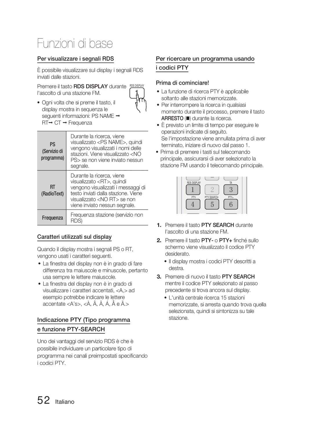 Samsung HT-D4500/ZF manual Per visualizzare i segnali RDS, Caratteri utilizzati sul display, Rt Ct, Rds 