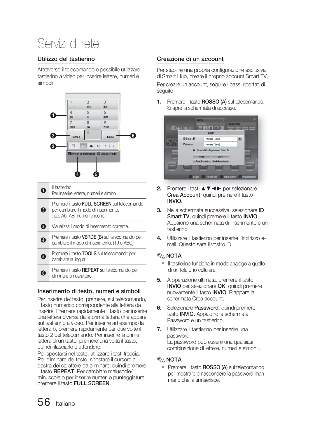 Samsung HT-D4500/ZF manual Utilizzo del tastierino, Inserimento di testo, numeri e simboli, Creazione di un account 