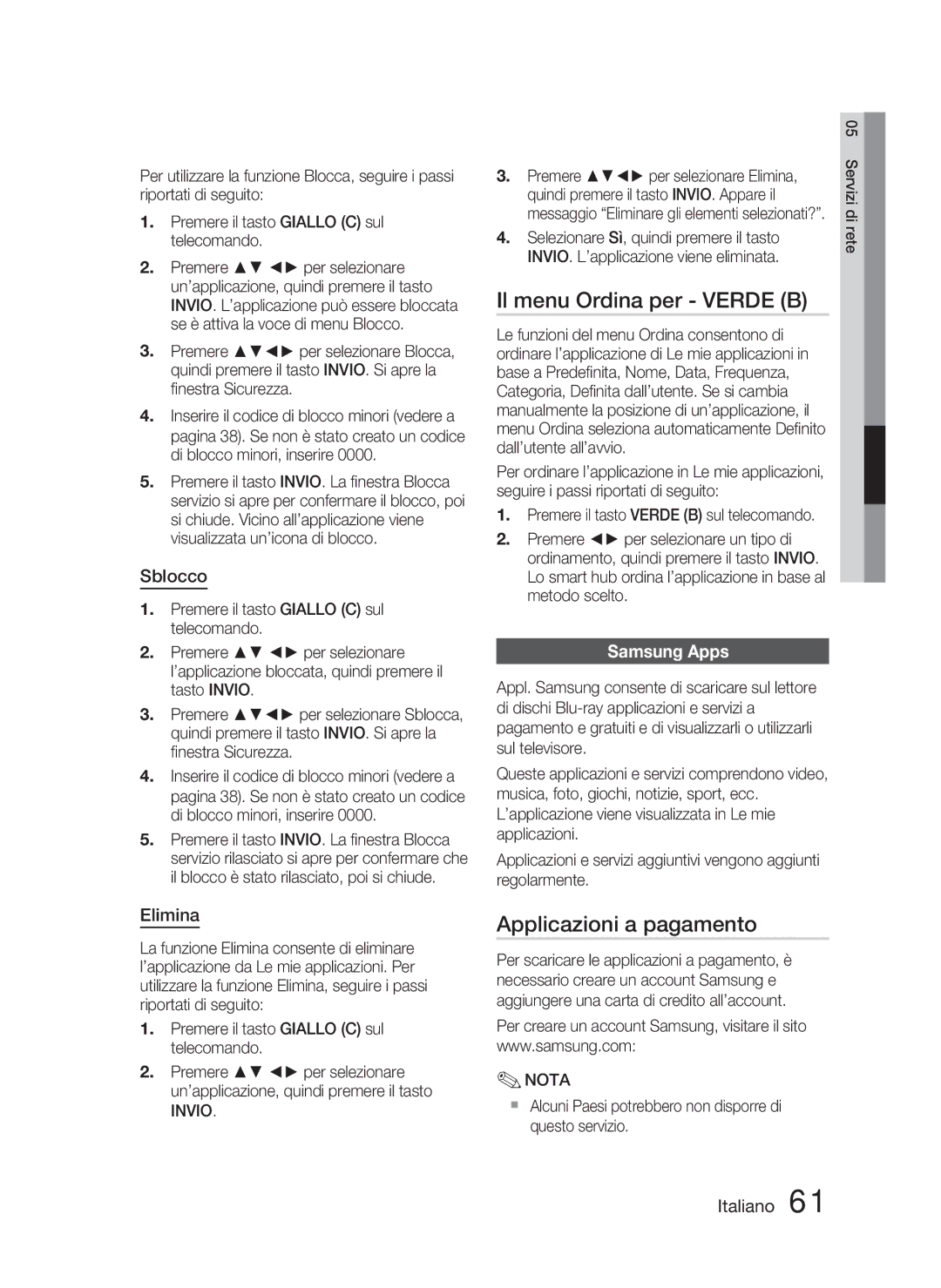 Samsung HT-D4500/ZF manual Il menu Ordina per Verde B, Applicazioni a pagamento, Sblocco, Samsung Apps, Elimina 