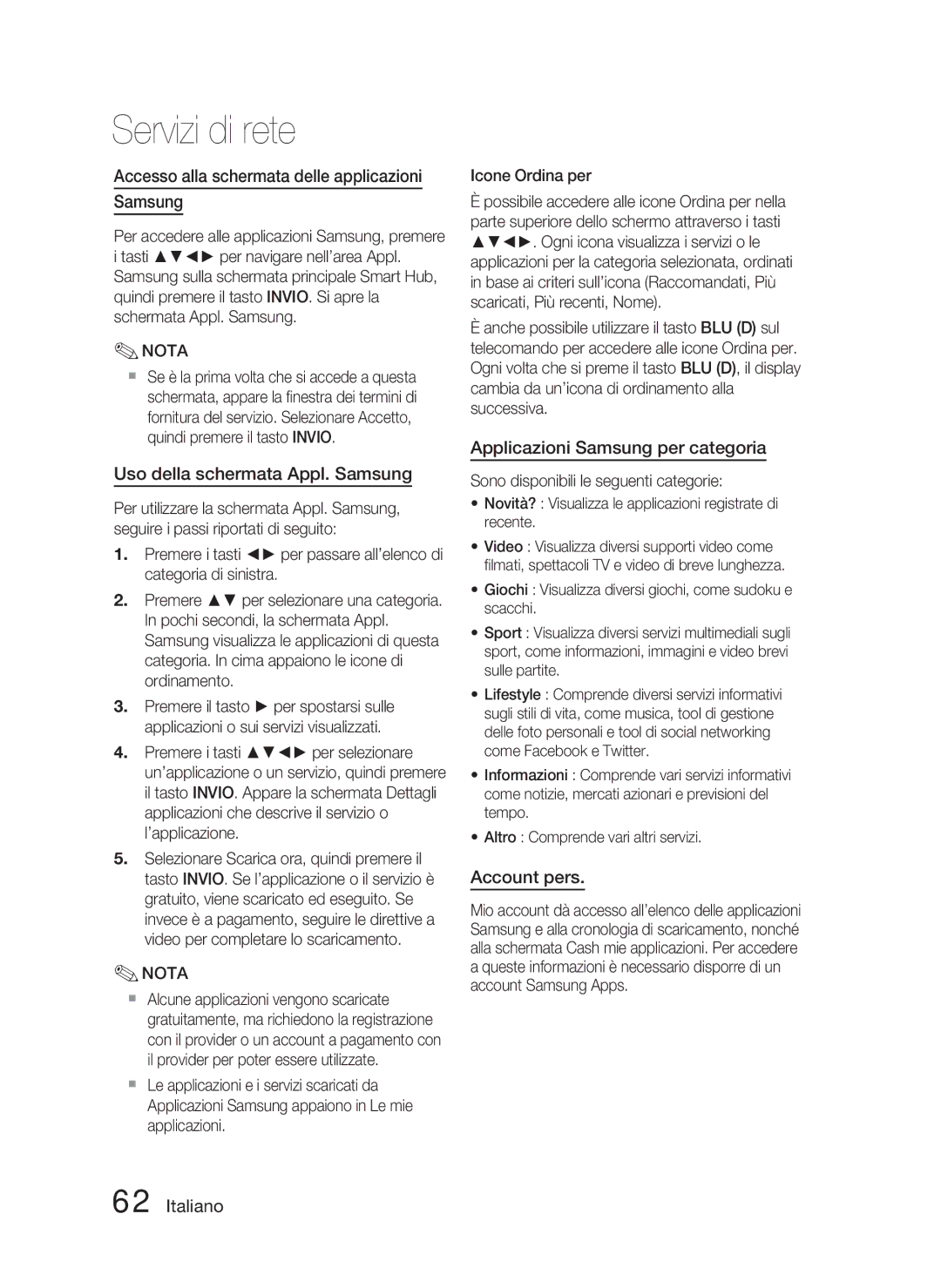 Samsung HT-D4500/ZF Accesso alla schermata delle applicazioni Samsung, Uso della schermata Appl. Samsung, Account pers 