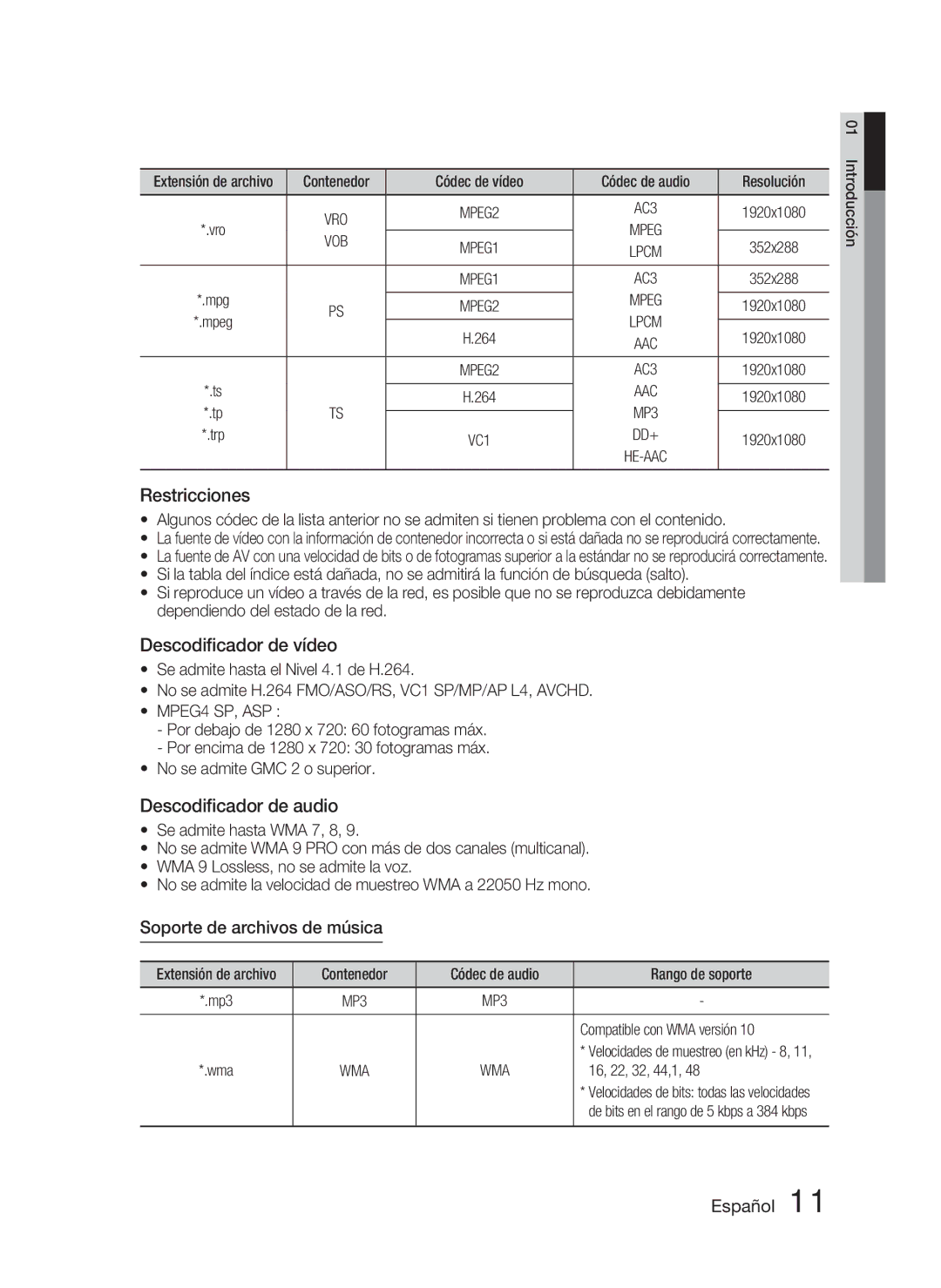 Samsung HT-D4500/ZF manual Soporte de archivos de música, Vob, MPEG4 SP, ASP 