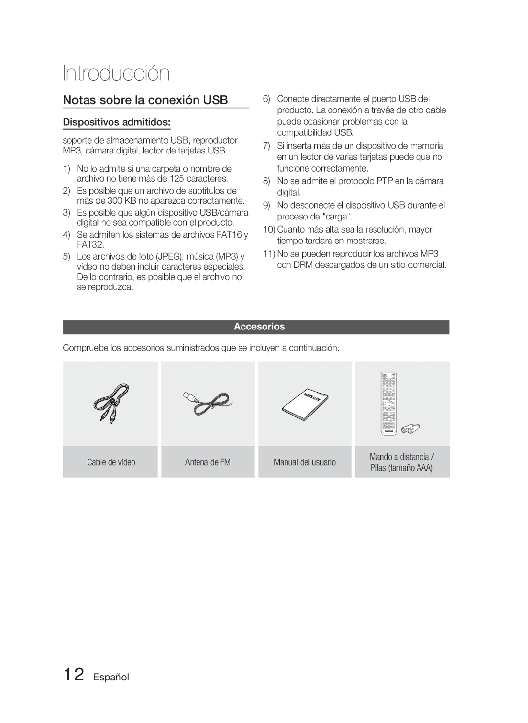 Samsung HT-D4500/ZF Notas sobre la conexión USB, Dispositivos admitidos, Accesorios, Mando a distancia / Pilas tamaño AAA 