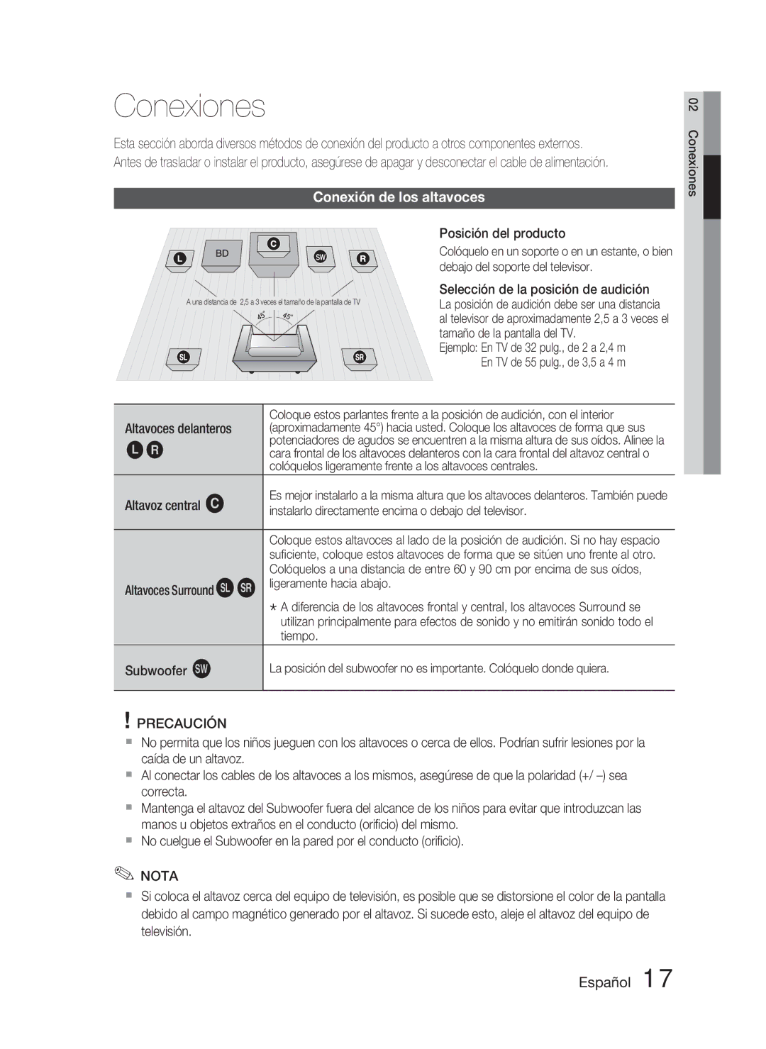 Samsung HT-D4500/ZF manual Conexiones, Conexión de los altavoces 