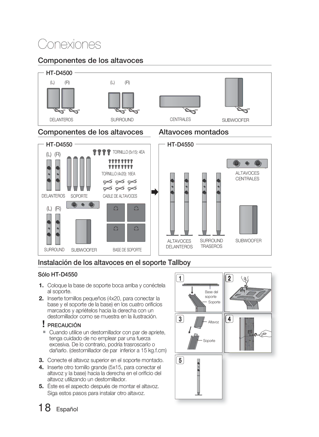 Samsung HT-D4500/ZF manual Componentes de los altavoces Altavoces montados 