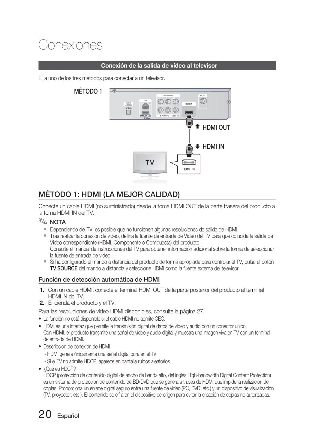 Samsung HT-D4500/ZF manual Conexión de la salida de vídeo al televisor, Función de detección automática de Hdmi 