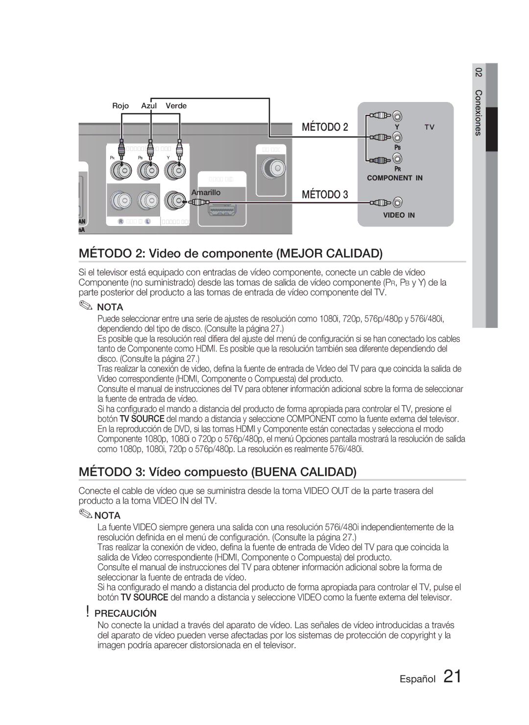 Samsung HT-D4500/ZF manual Método 2 Video de componente Mejor Calidad, Método 3 Vídeo compuesto Buena Calidad 